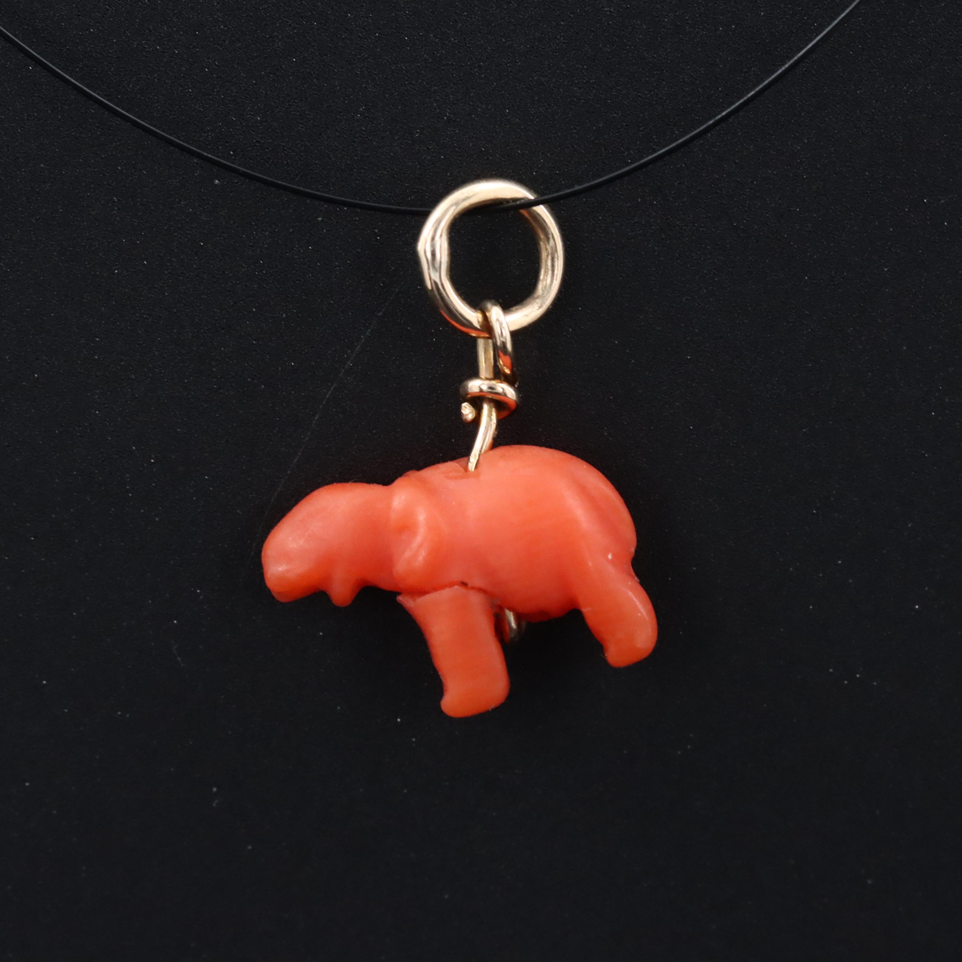 Vintage 10K Carved Coral Elephant Charm Pendant