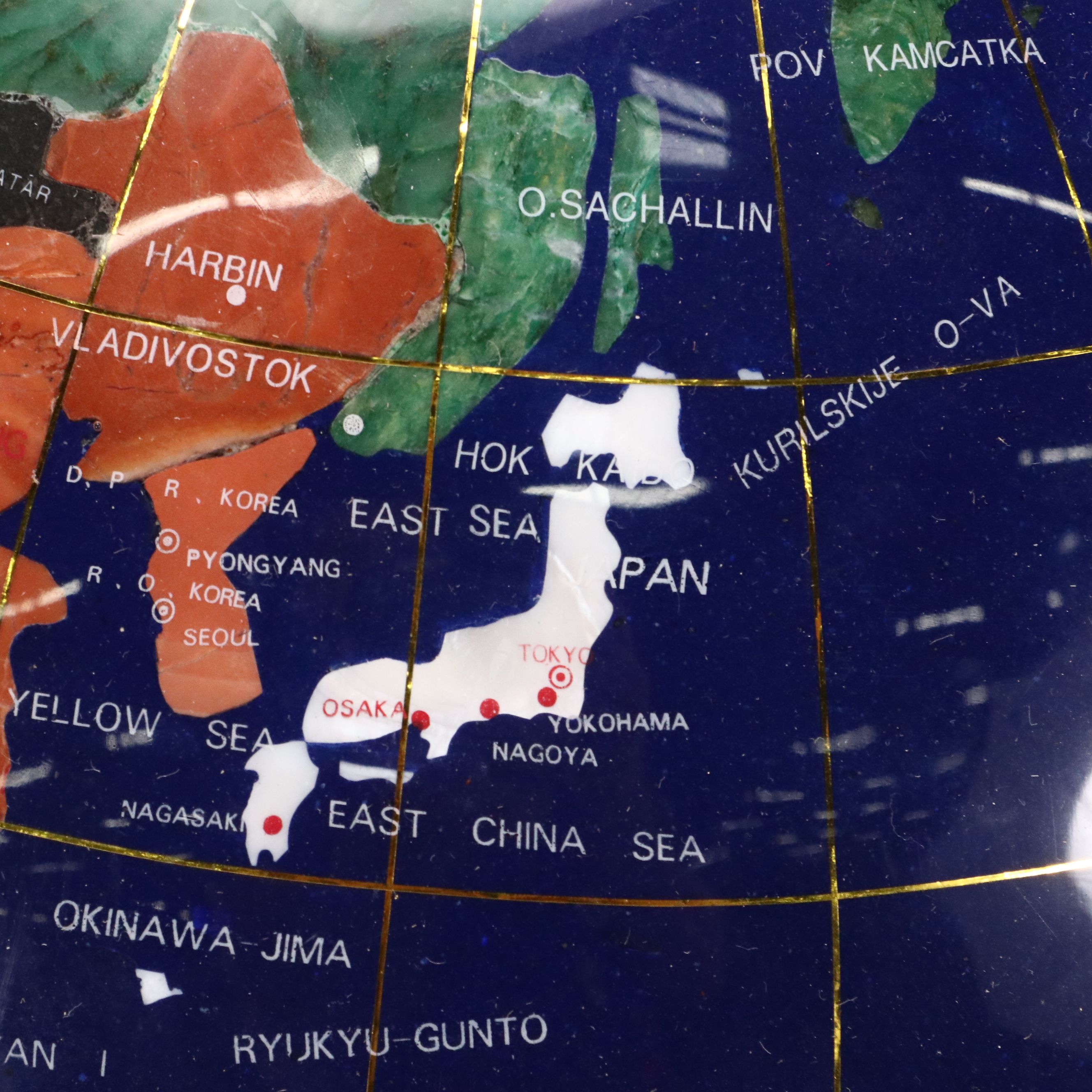 Jasper, Sandstone, Marble, Sard and Abalone Gemstone Desk Globe