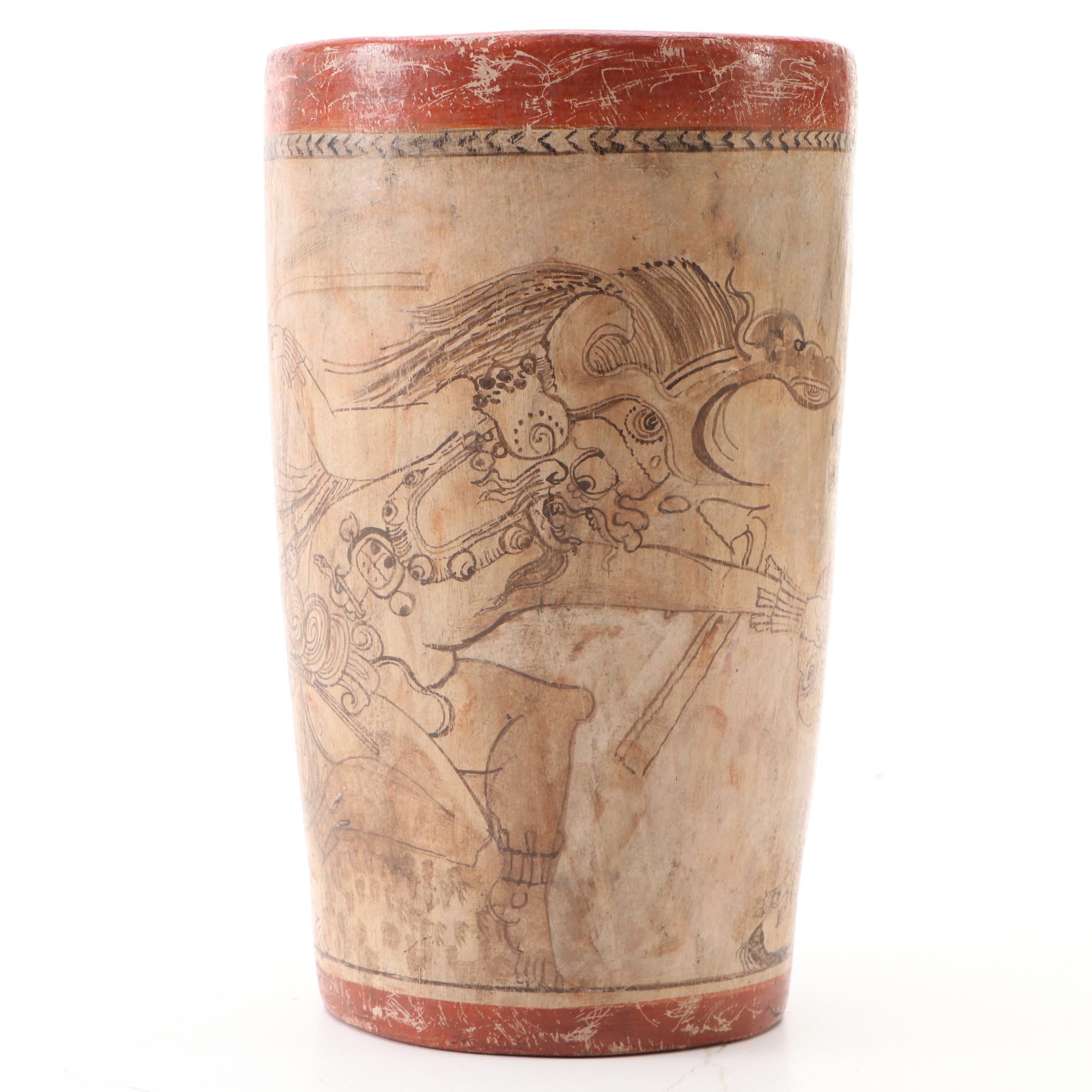 Mayan Inspired Codex-Style Ceramic Vase with Depictions of Mythical Figures