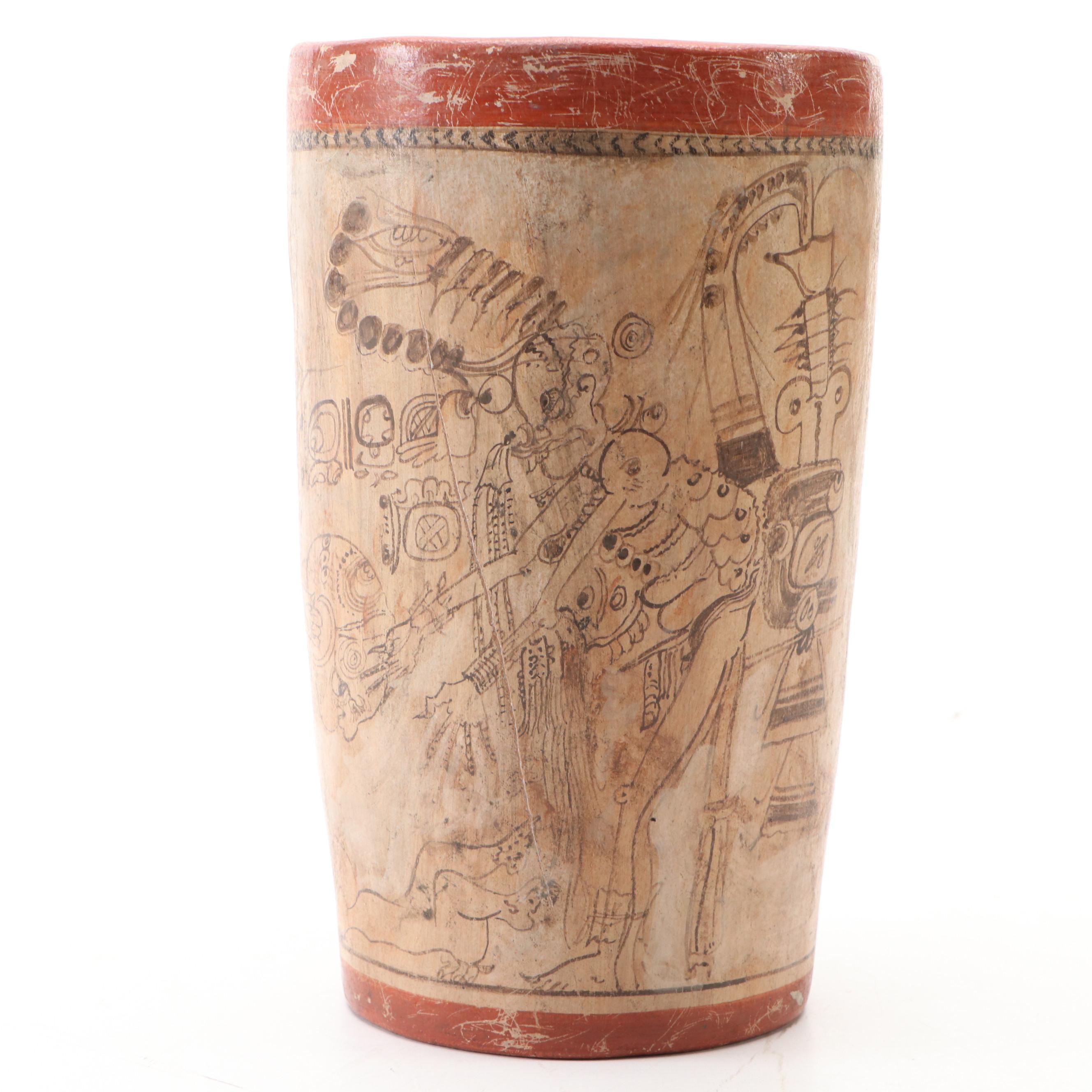 Mayan Inspired Codex-Style Ceramic Vase with Depictions of Mythical Figures