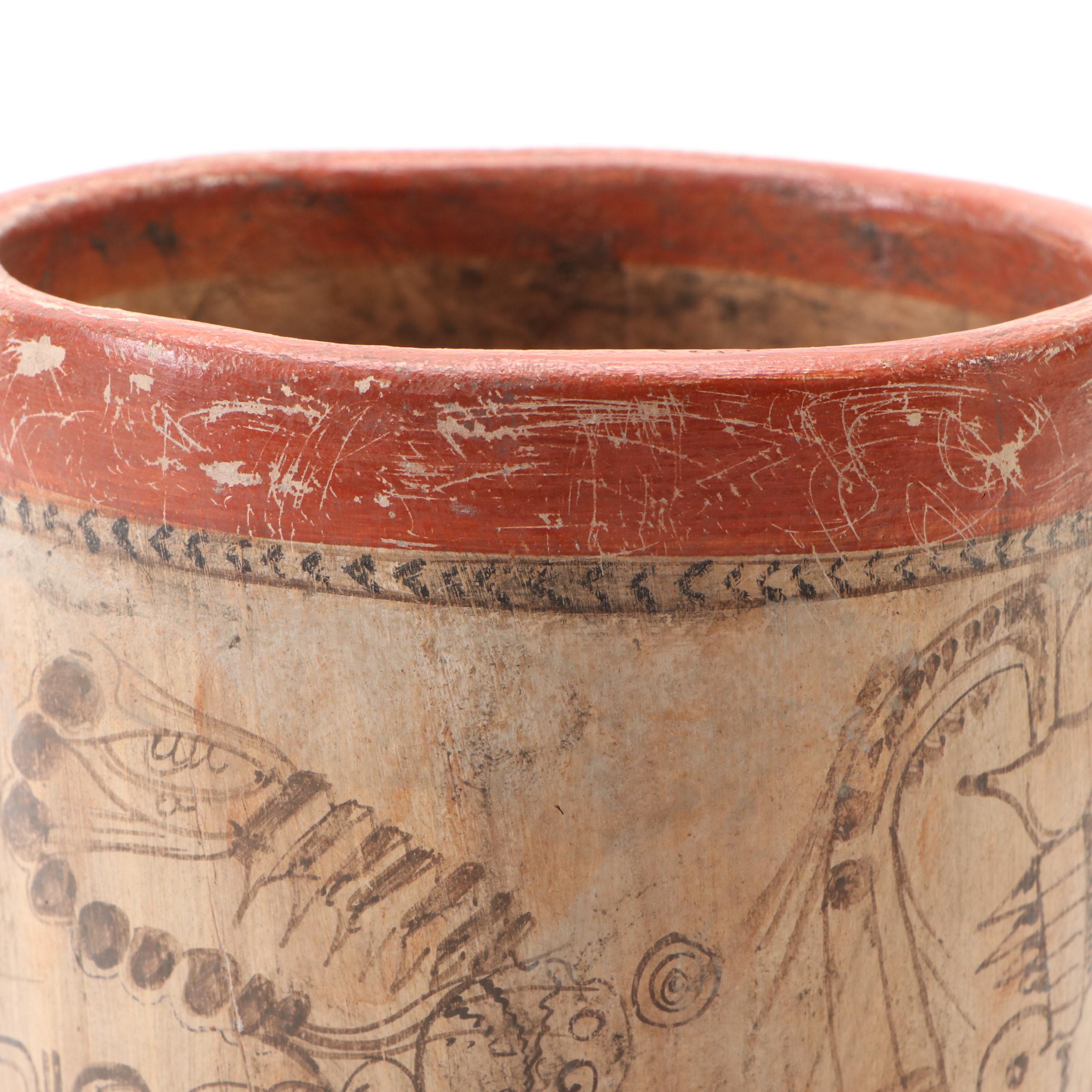 Mayan Inspired Codex-Style Ceramic Vase with Depictions of Mythical Figures