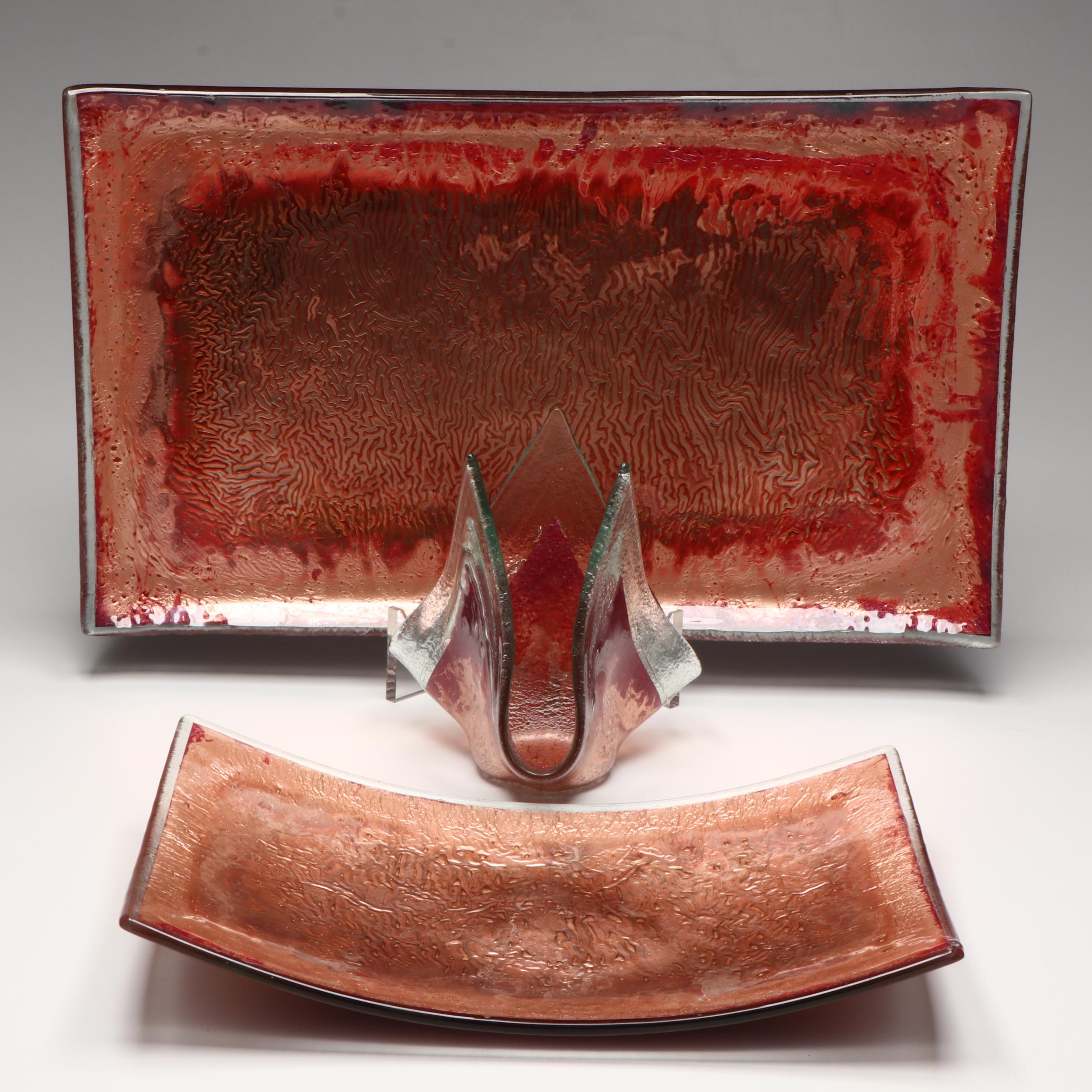 Jones Glassworks Fused Art Glass Copper Trays with Pointed Candle Holder