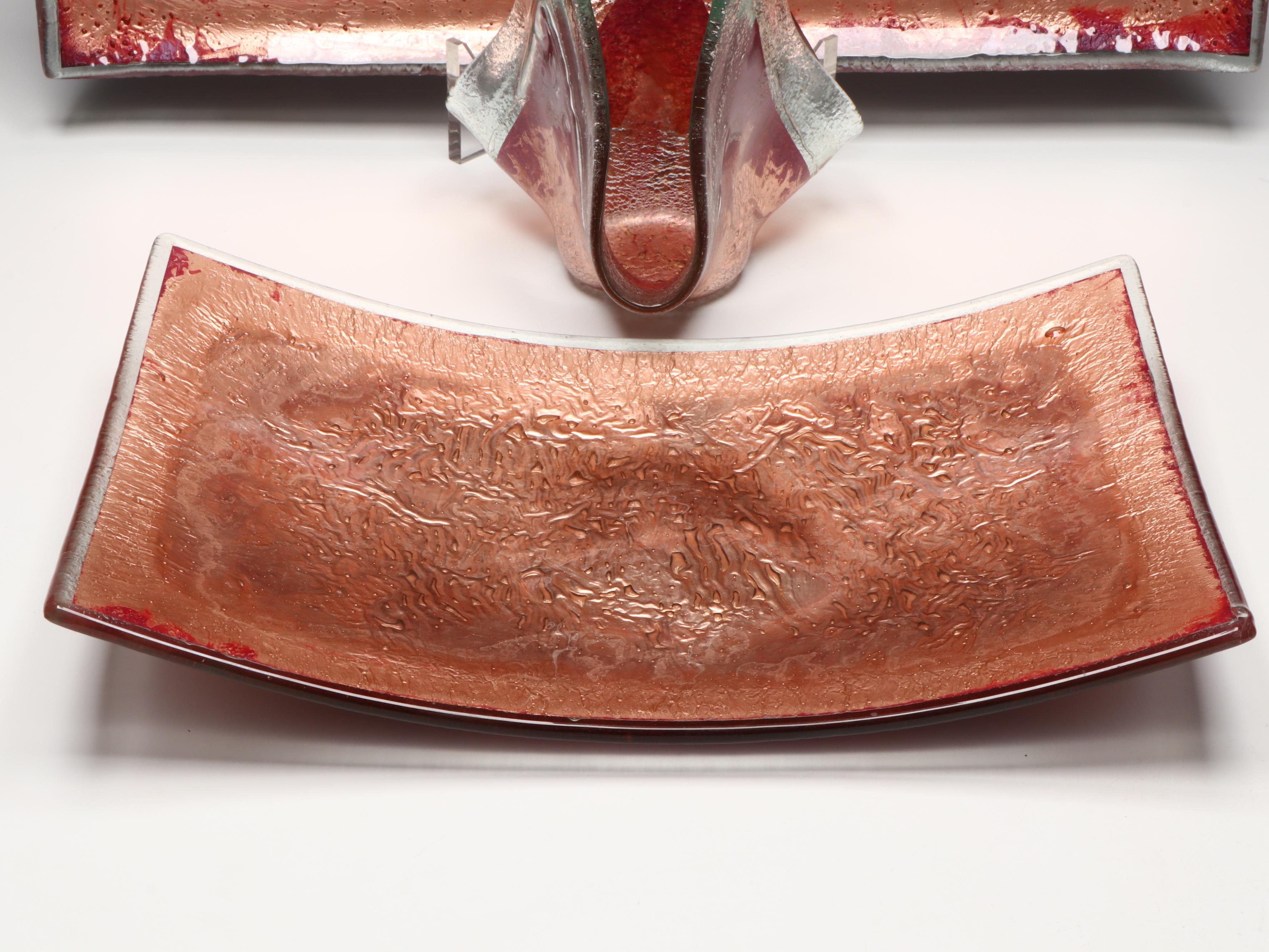 Jones Glassworks Fused Art Glass Copper Trays with Pointed Candle Holder