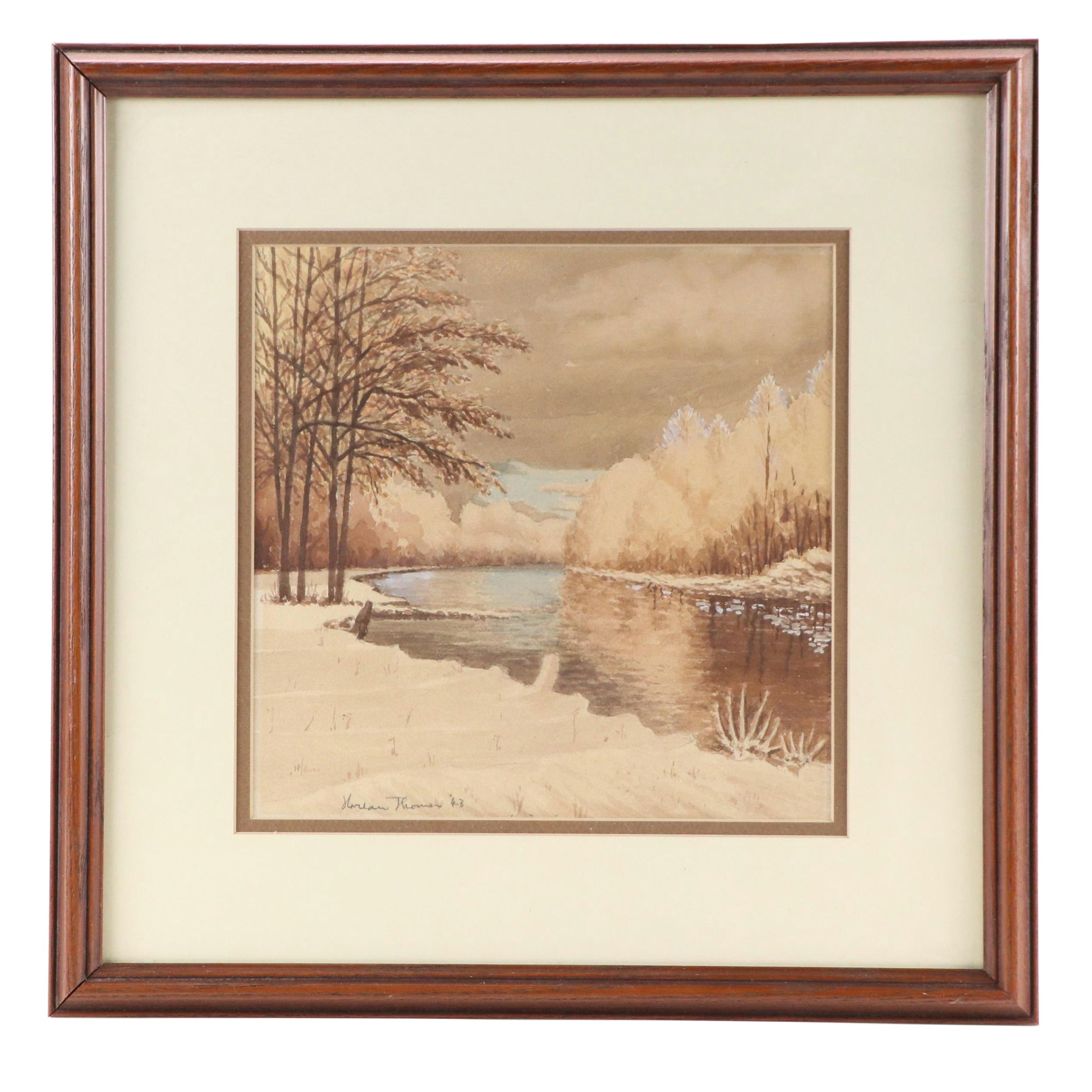 Harlan Thomas Landscape Watercolor Painting of River Bend, 1943