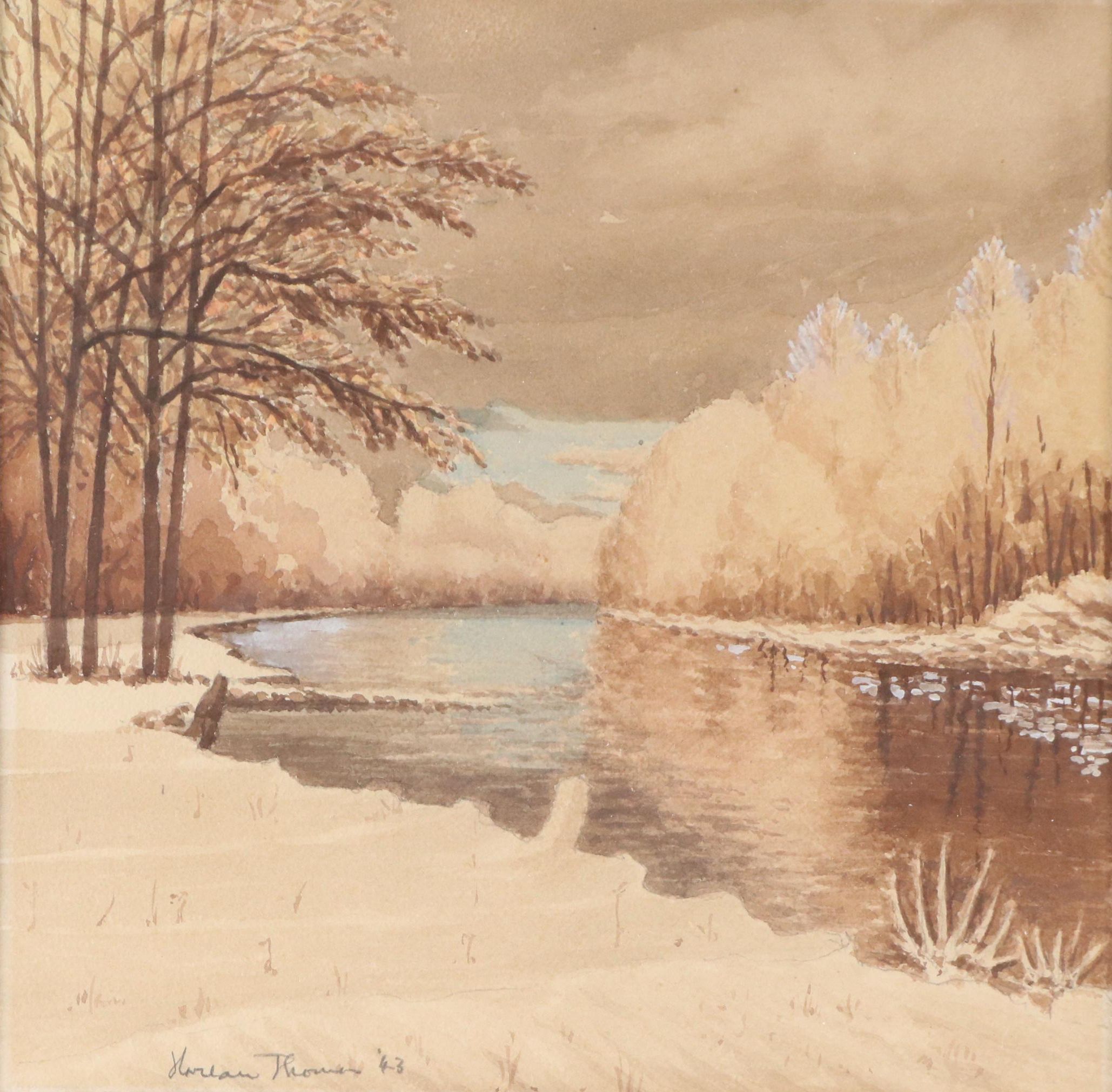 Harlan Thomas Landscape Watercolor Painting of River Bend, 1943