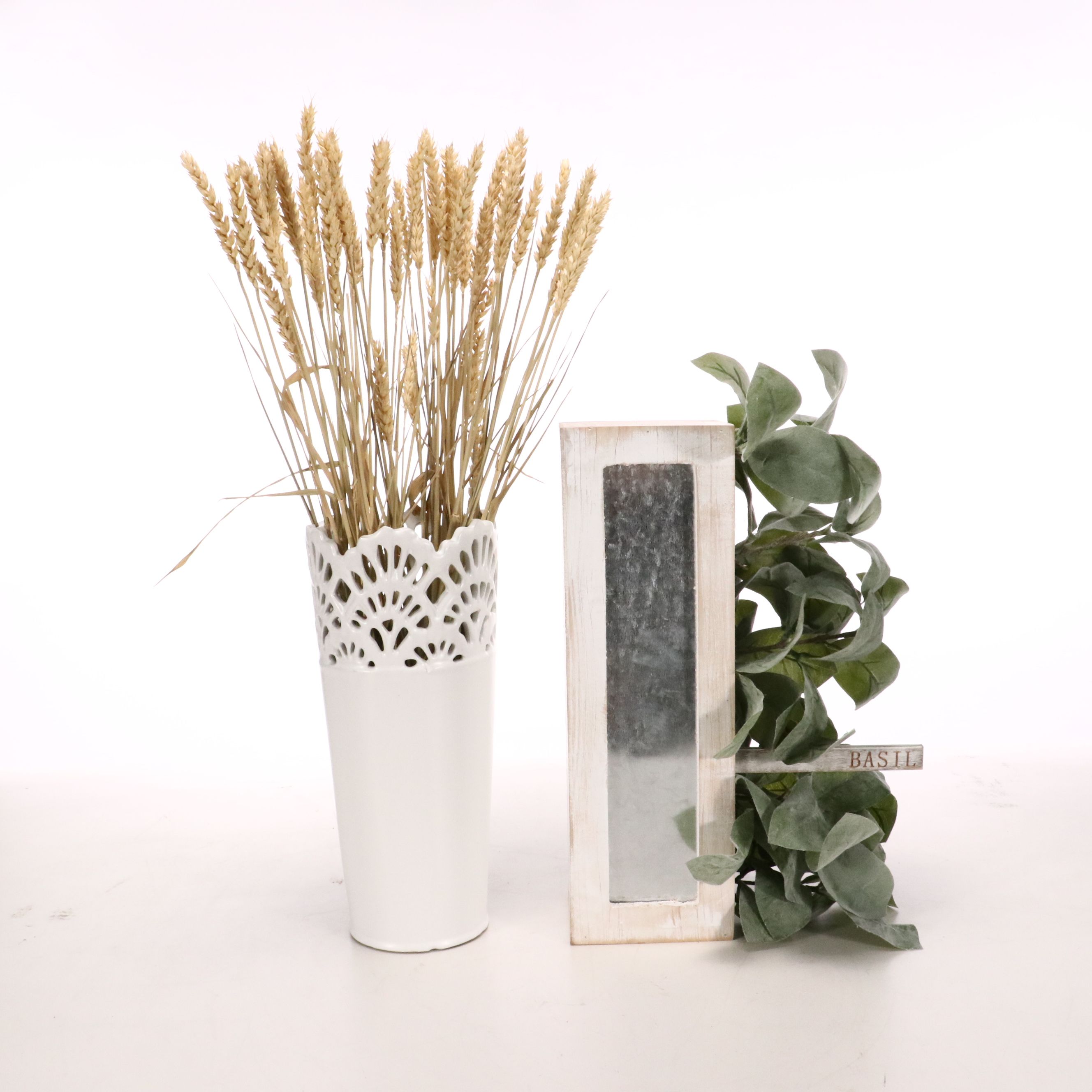 Farmhouse Aesthetic Faux Plants with Tablecloths and Other Décor Items