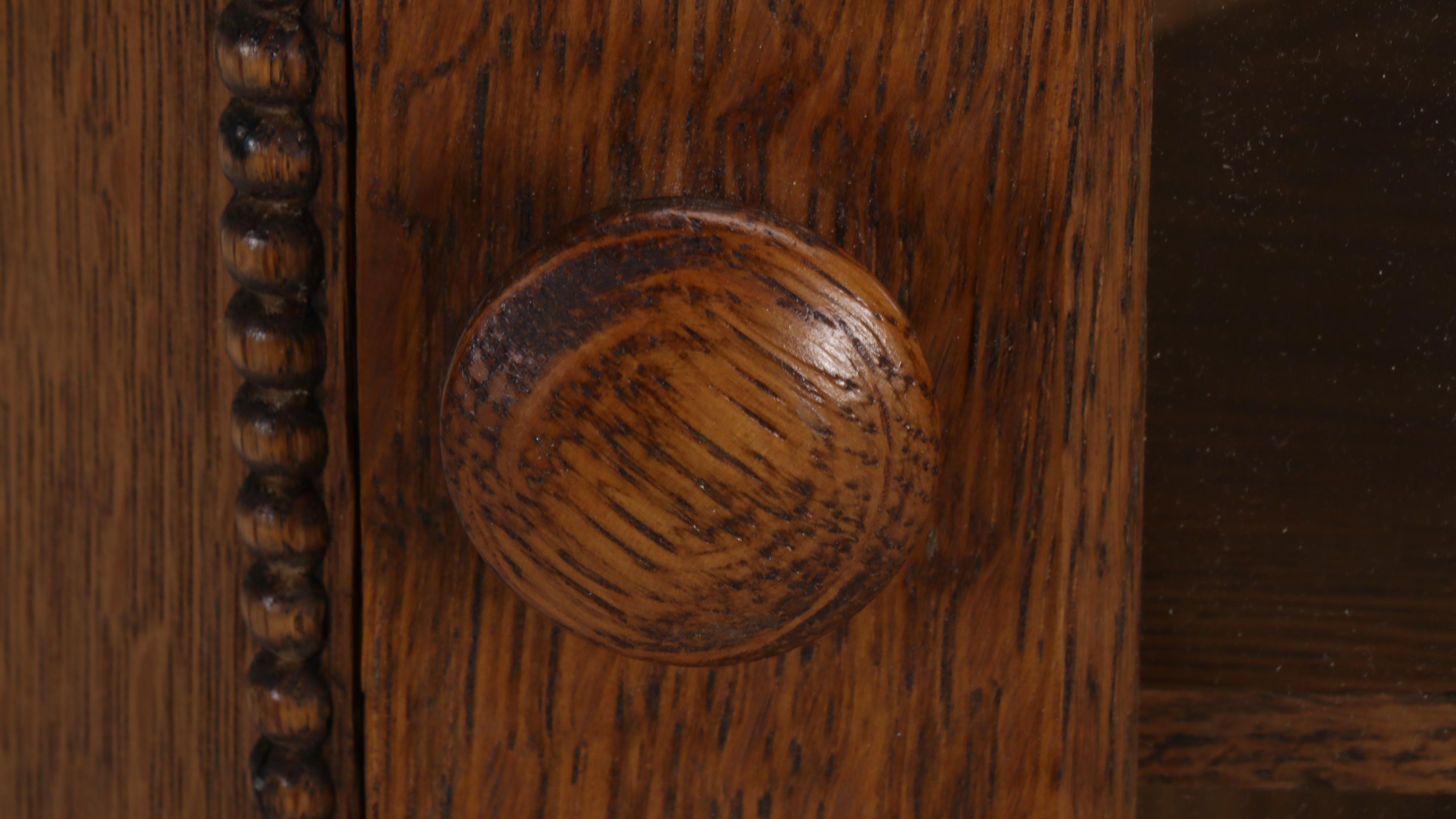 Victorian Style Tiger Oak Glass Front Hanging Corner Cabinet