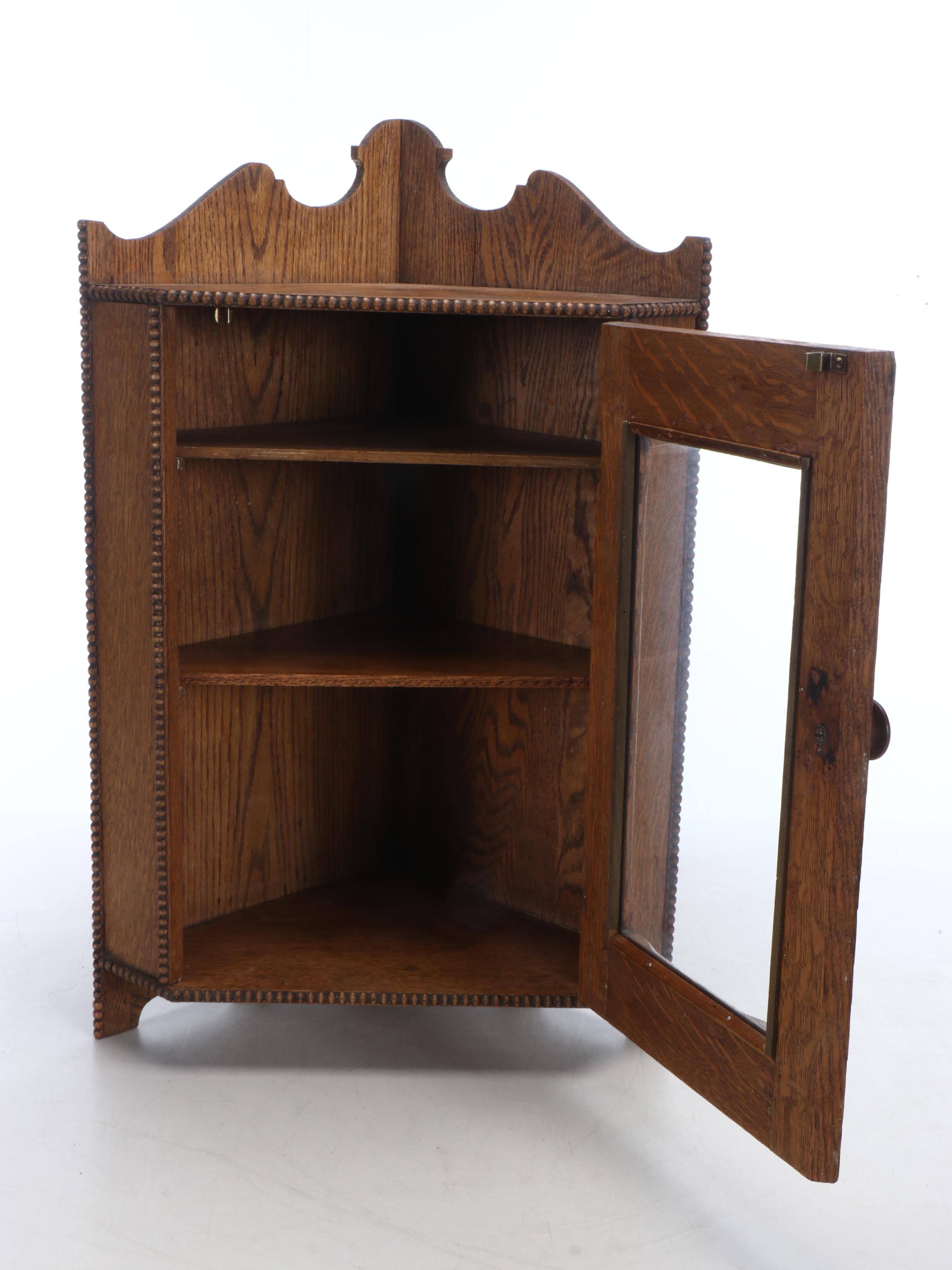 Victorian Style Tiger Oak Glass Front Hanging Corner Cabinet