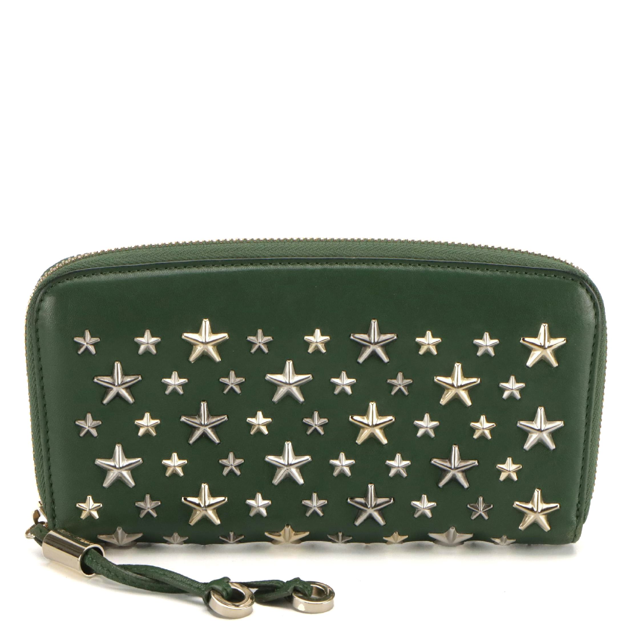 Jimmy Choo Star-Studded Zip Around Wallet in Hunter Green Calfskin Leather