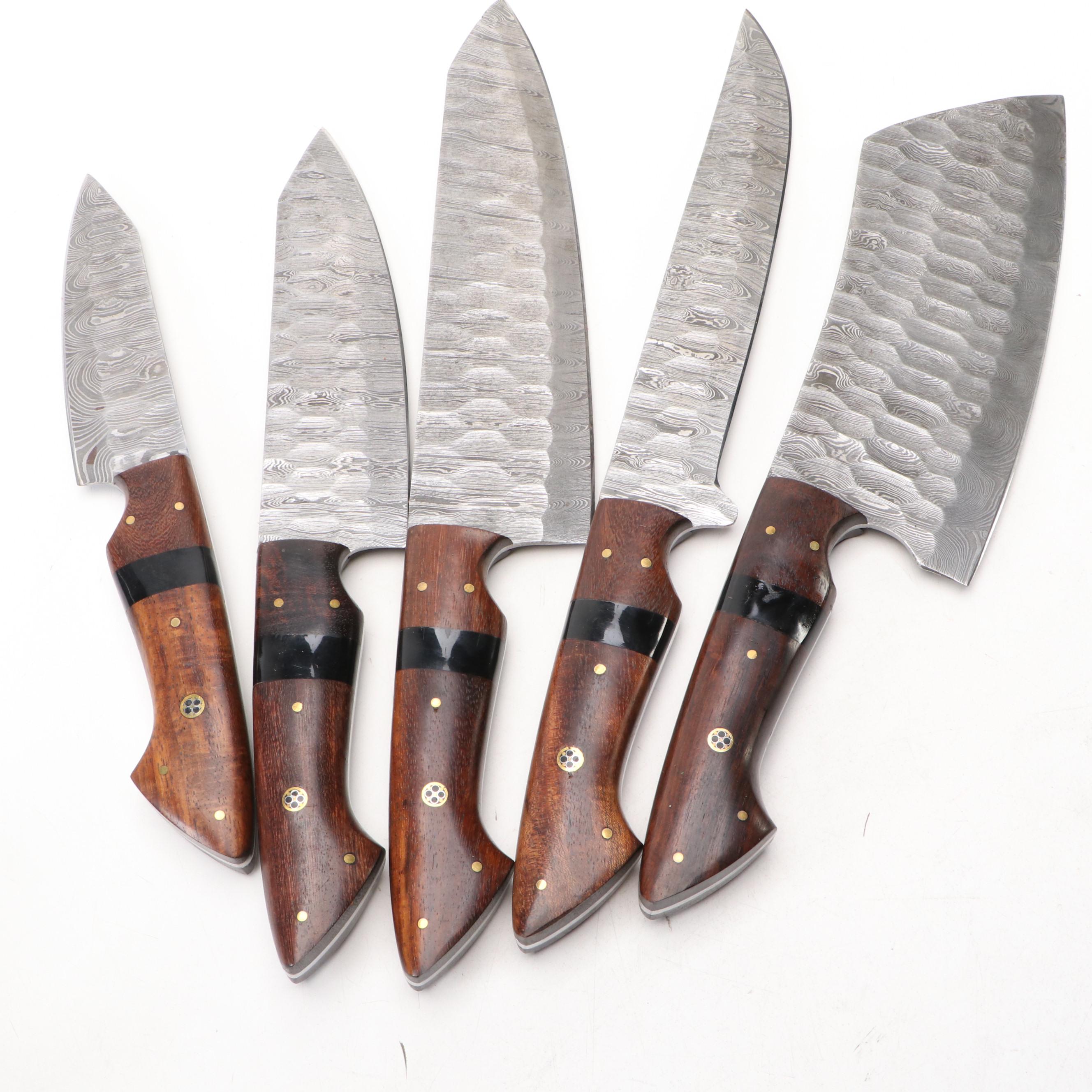 Damascus Steel and Wooden Handled Chef's Knife Set in Suede Roll
