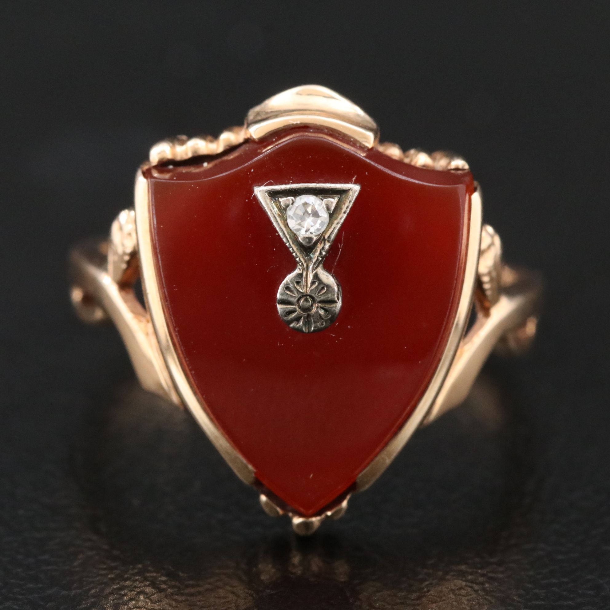 Antique 10K Carnelian and Diamond Shield Ring