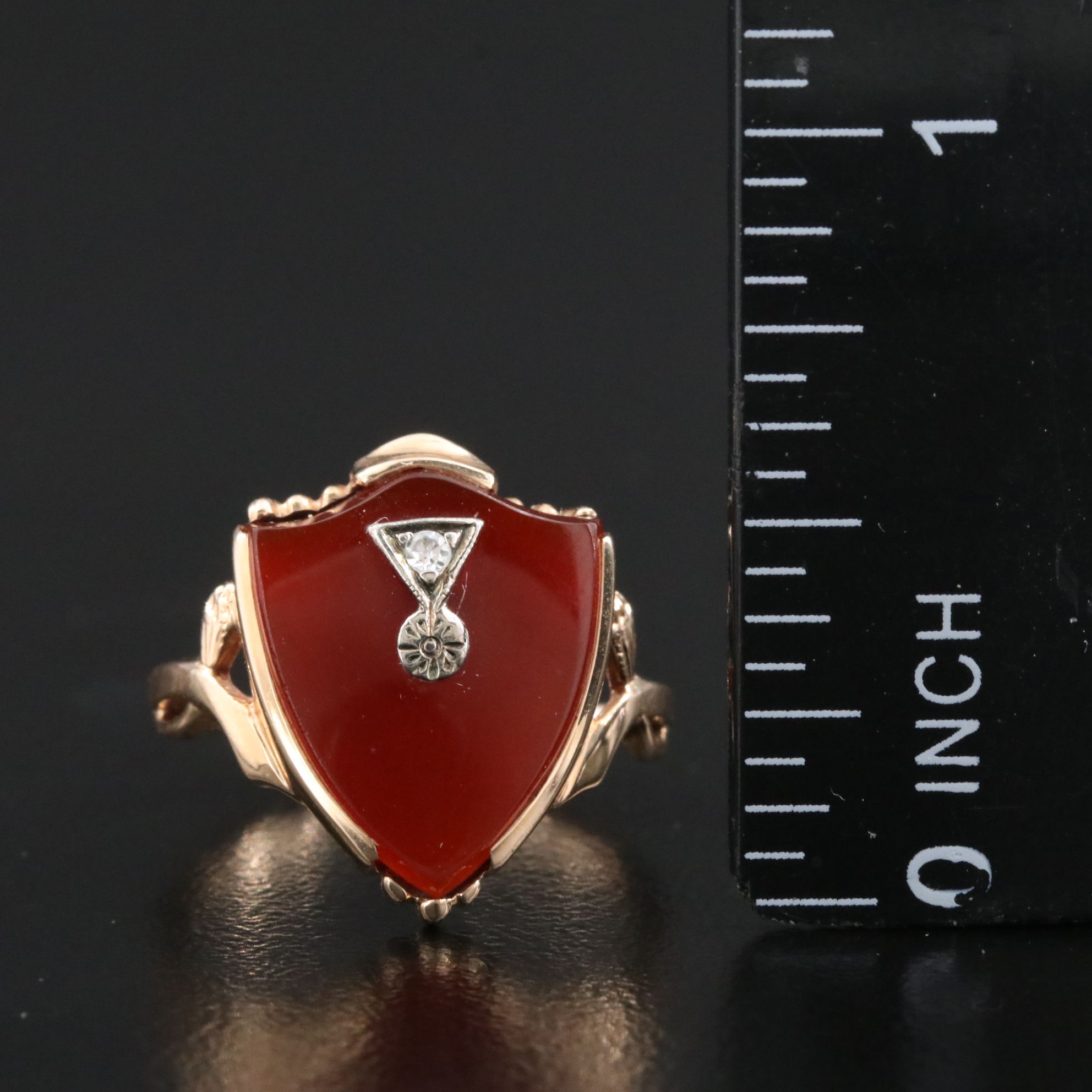 Antique 10K Carnelian and Diamond Shield Ring