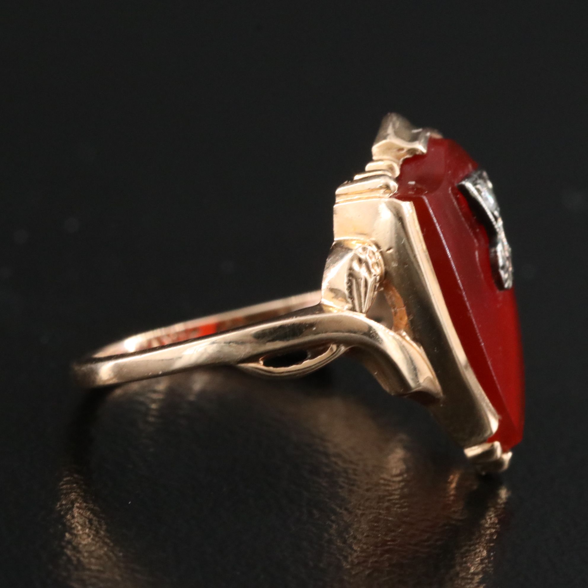 Antique 10K Carnelian and Diamond Shield Ring