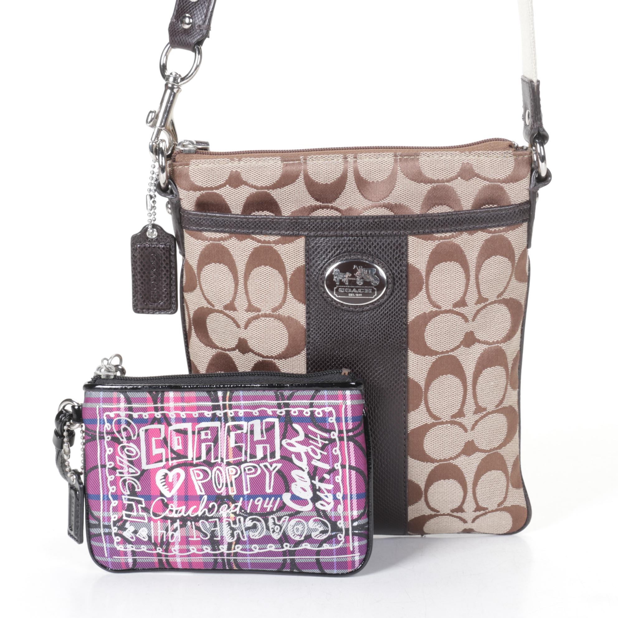 Coach Canvas Swingpack Crossbody with Coach Poppy Zip Wristlet Pouch