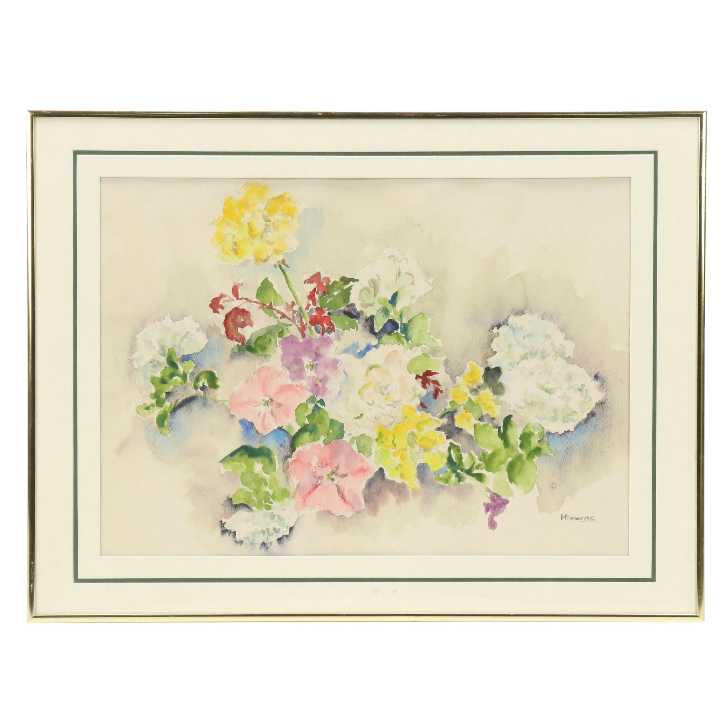 Emerine Floral Bouquet Watercolor Painting, Circa 1980