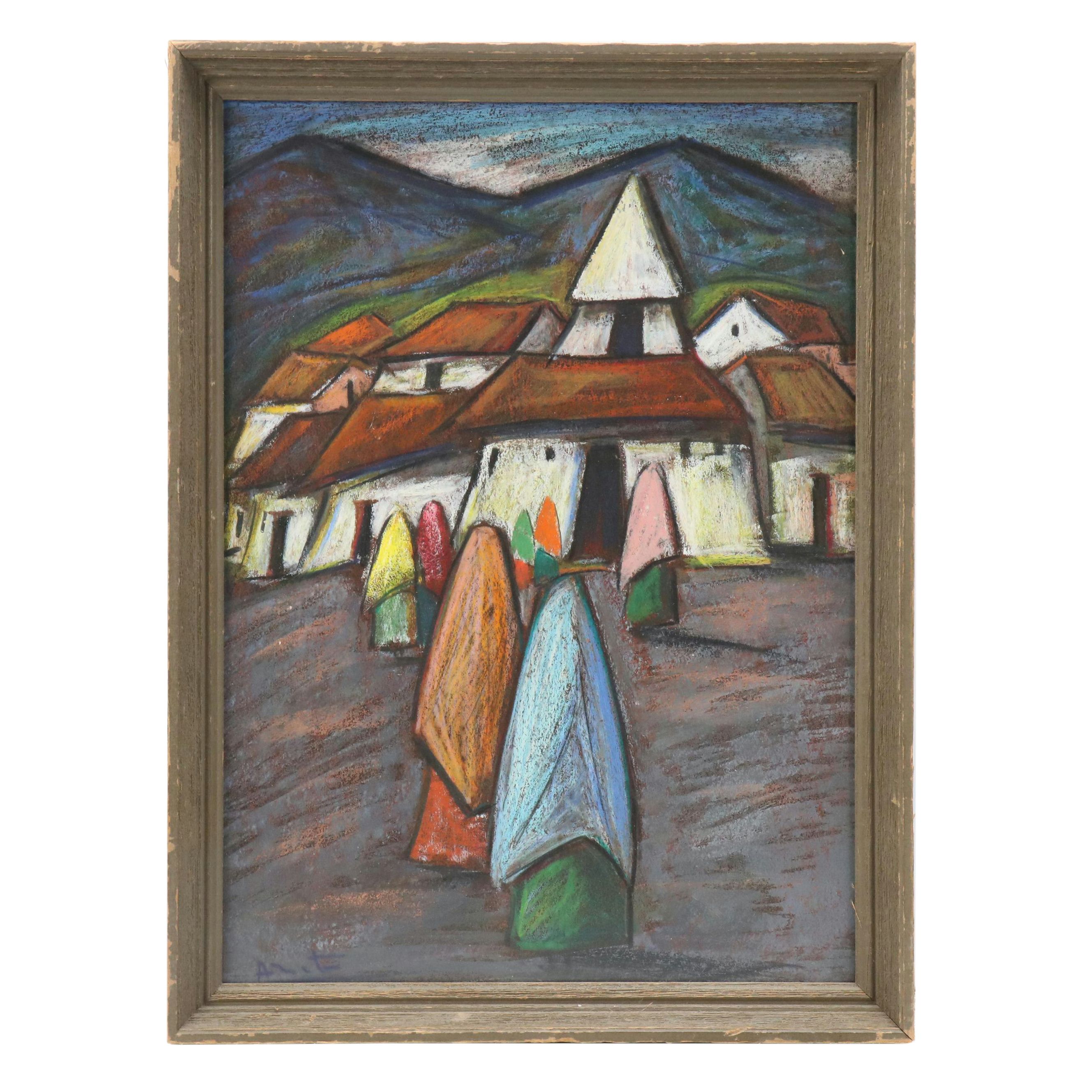 Arturo Nieto Ecuadorian Village Scene Pastel Drawing