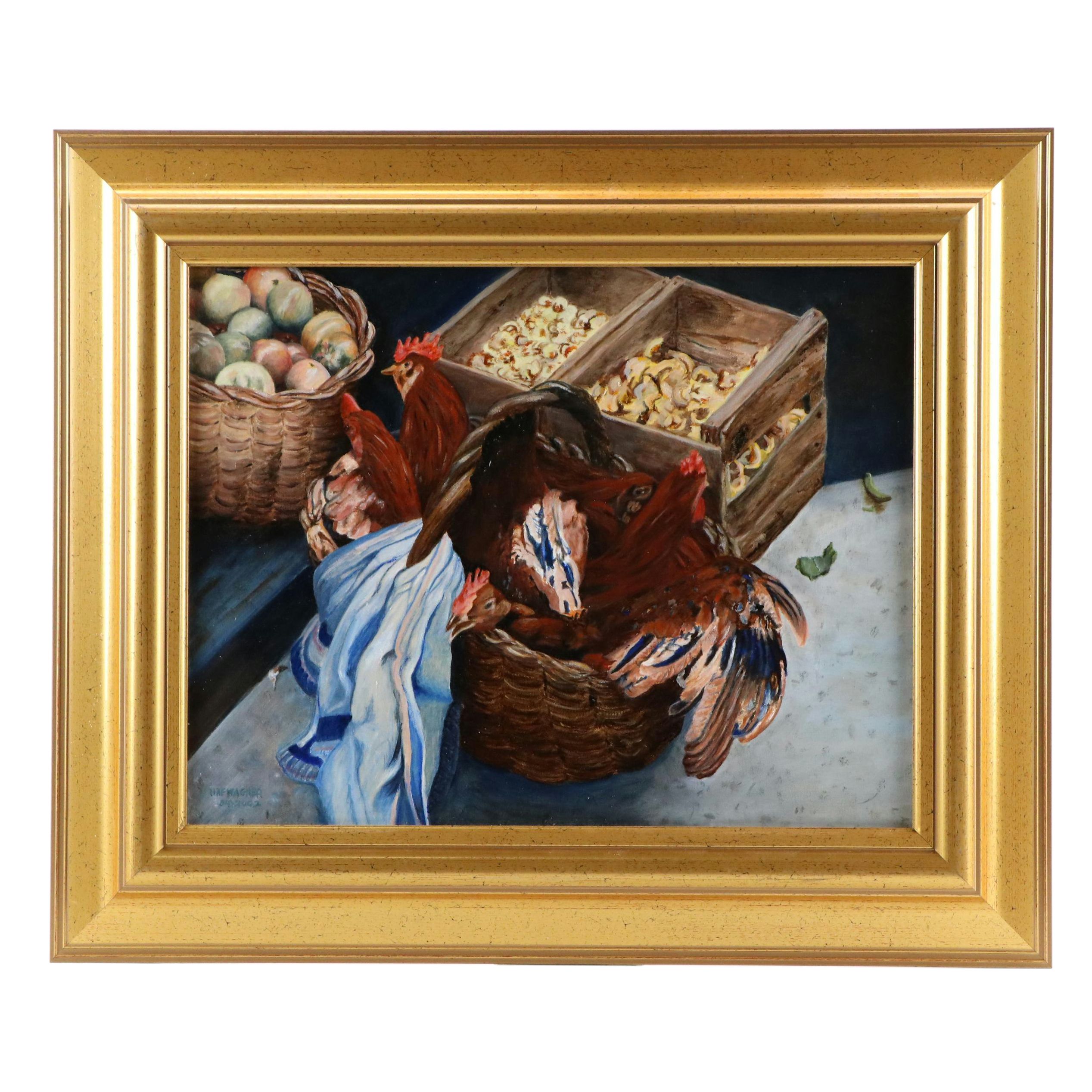 H.A.F. Wagner Oil Painting "Basket and Chickens, La Seu d'Urgell, Lerida," 2002