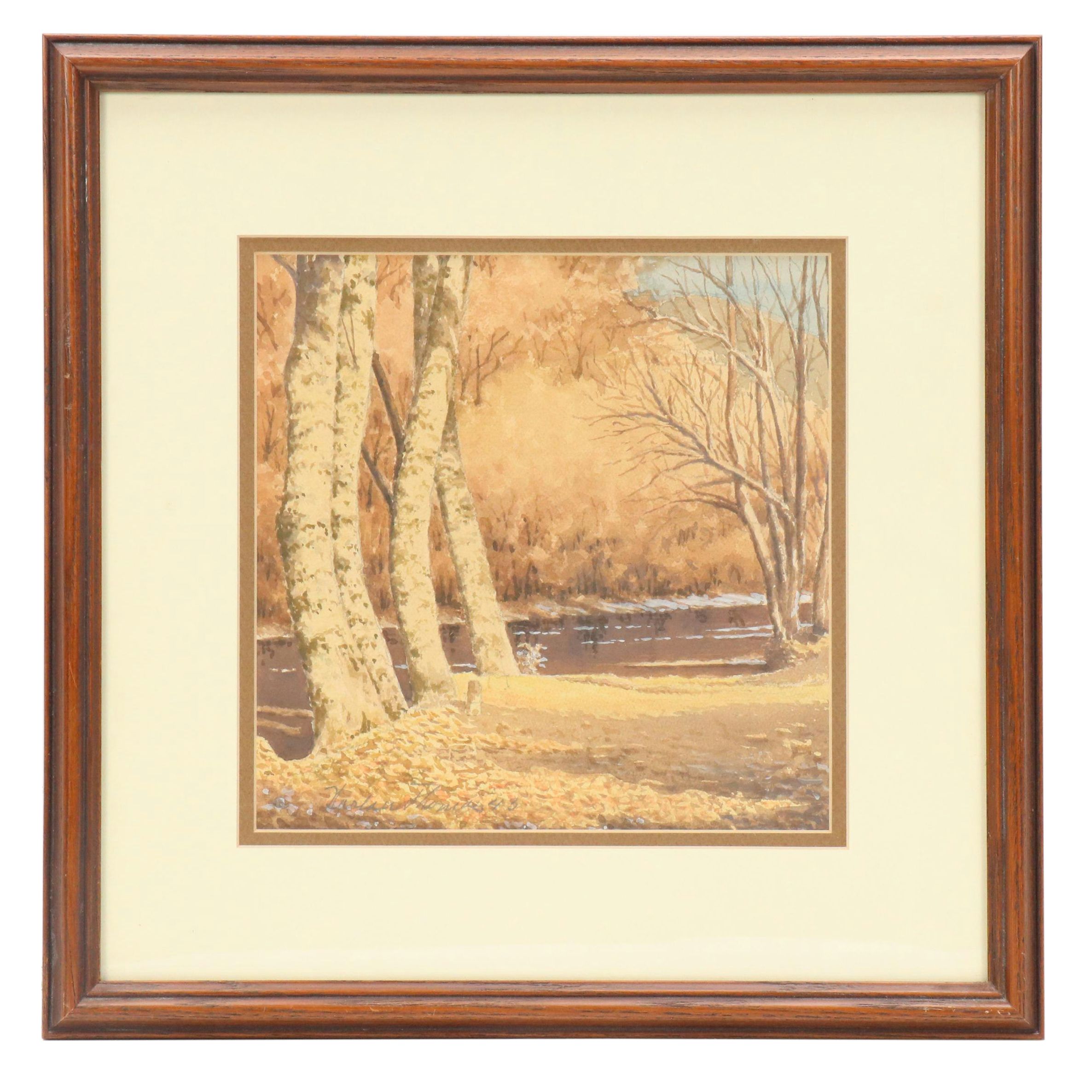 Harlan Thomas Watercolor Painting of Wooded River Landscape, 1943