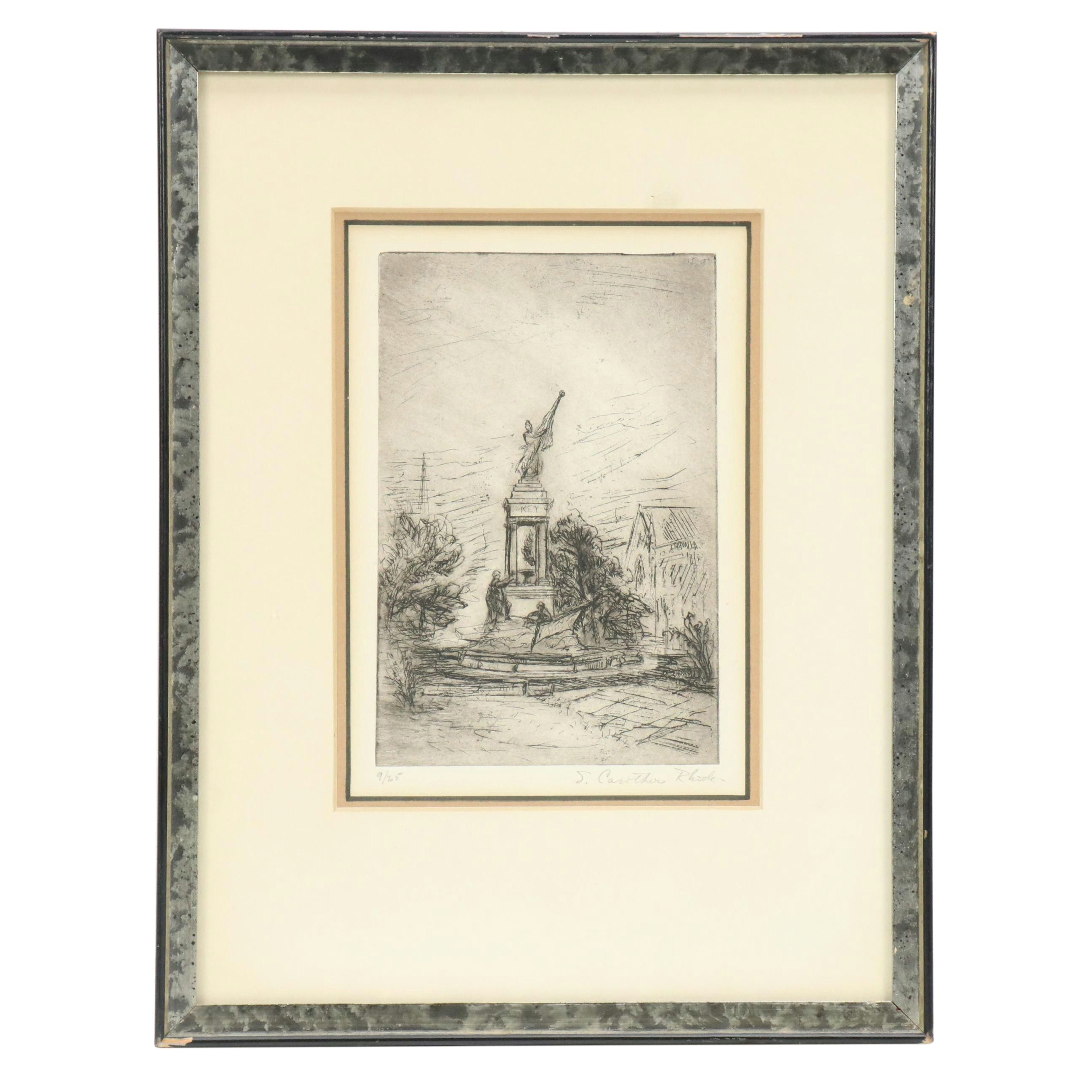 Sarah Carothers Rhode Etching of Monument, Mid-20th Century