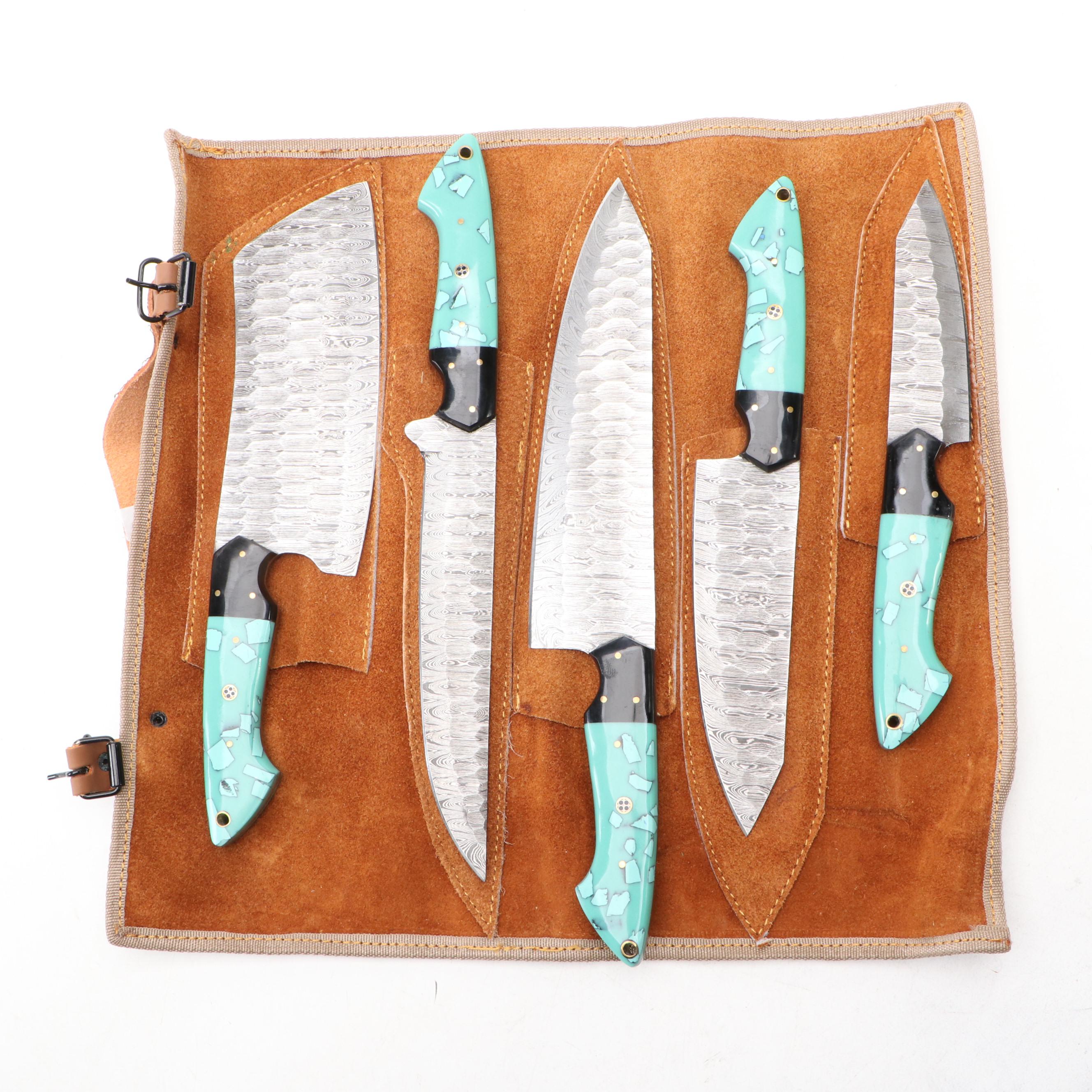 Damascus Steel and Teal Handled Chef's Knife Set in Suede Roll