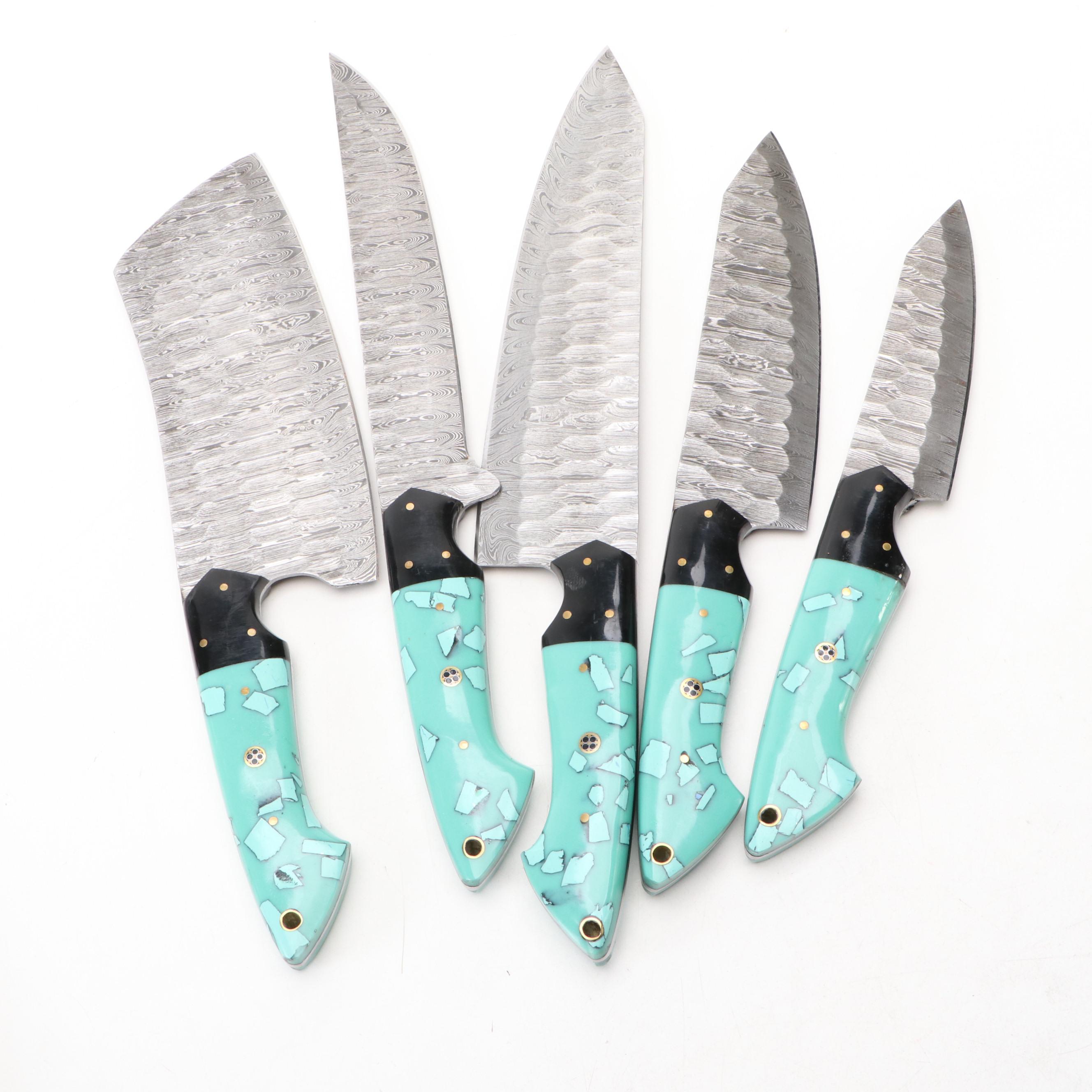 Damascus Steel and Teal Handled Chef's Knife Set in Suede Roll