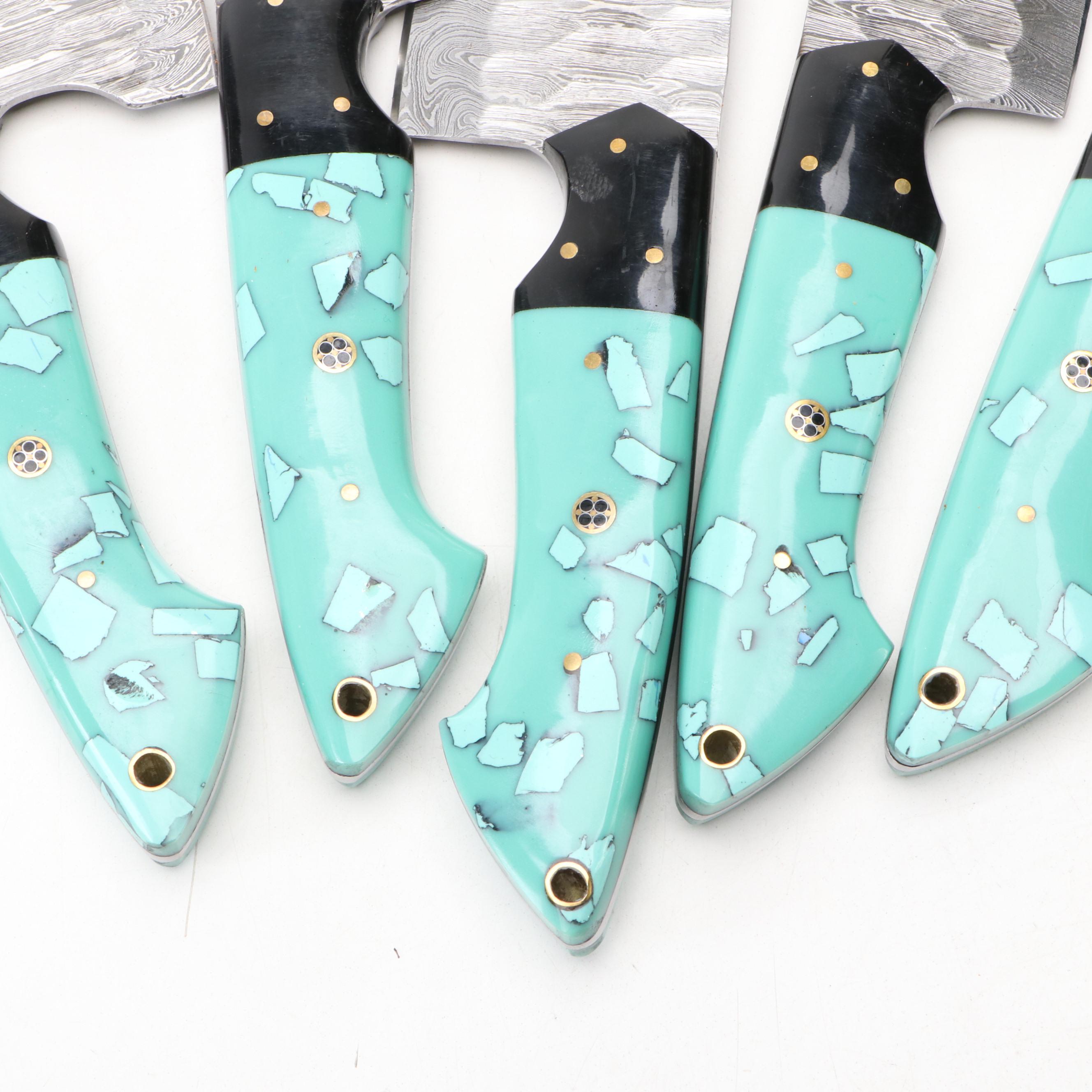 Damascus Steel and Teal Handled Chef's Knife Set in Suede Roll