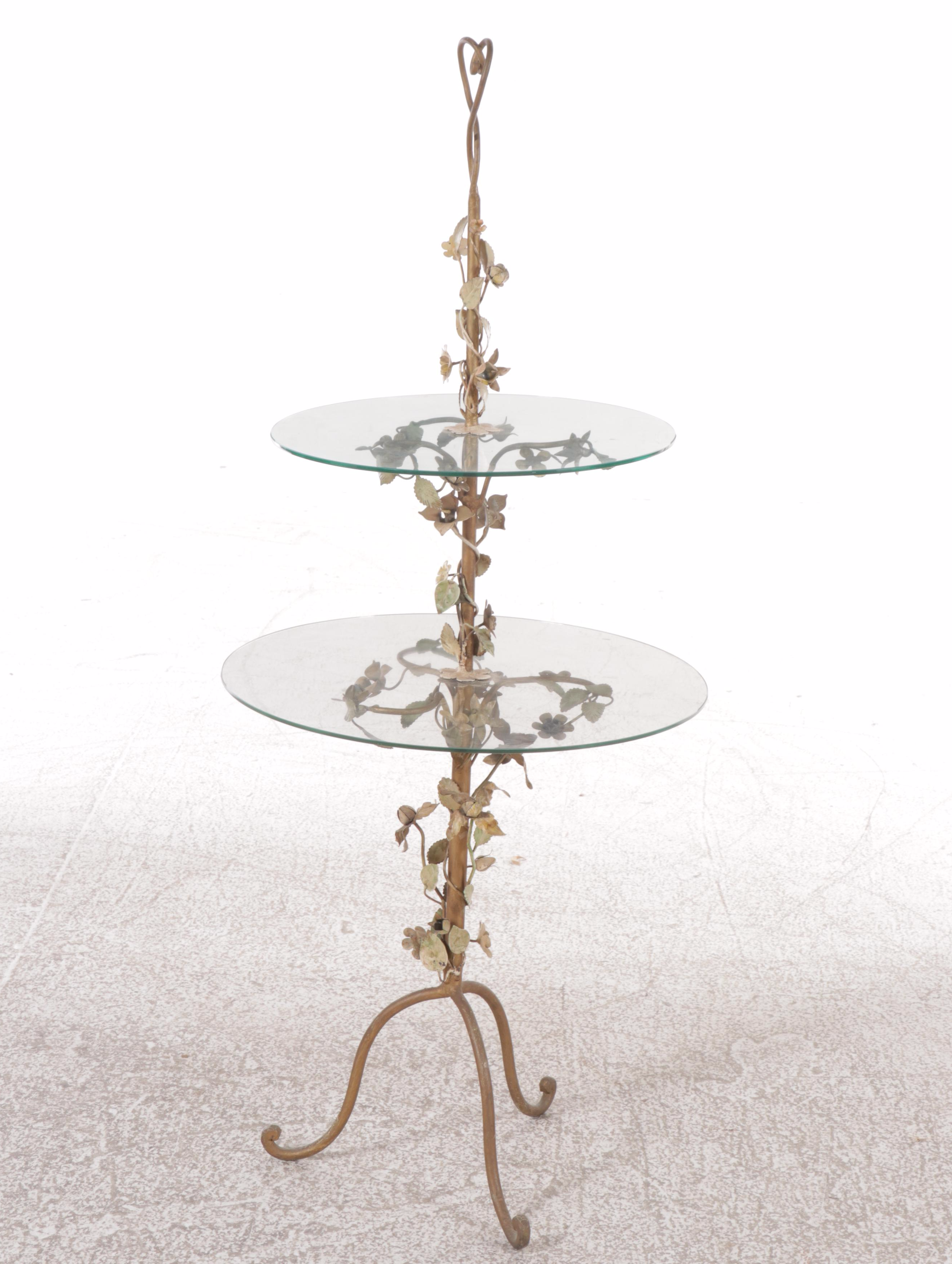 Hollywood Regency Style Two Tiered Glass Table with Metal Floral Decorations