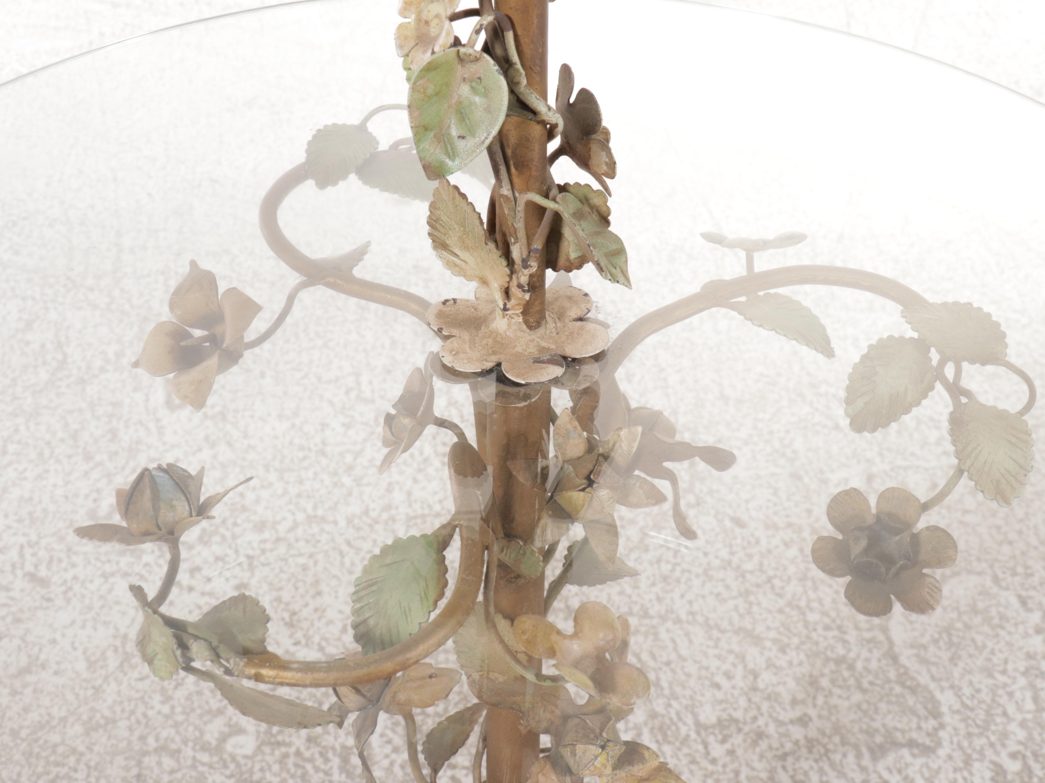 Hollywood Regency Style Two Tiered Glass Table with Metal Floral Decorations