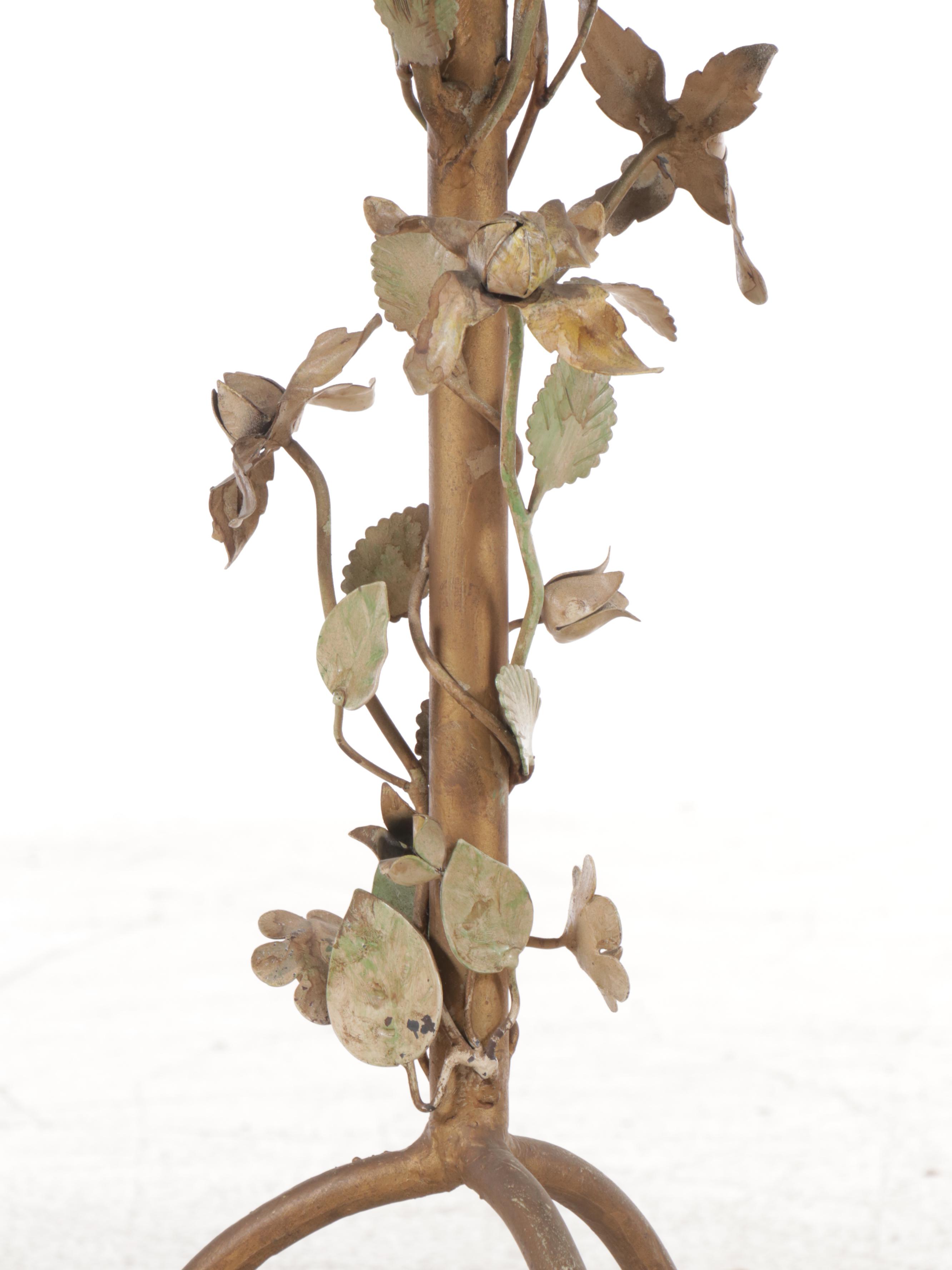 Hollywood Regency Style Two Tiered Glass Table with Metal Floral Decorations