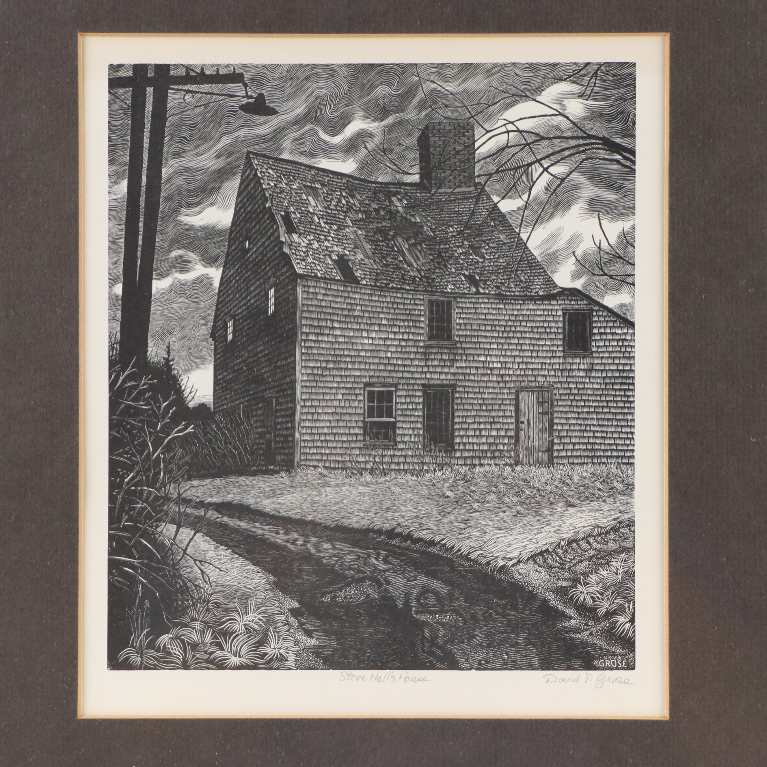 David Grose Wood Engraving "Steve Hall's House," Mid to Late 20th C.