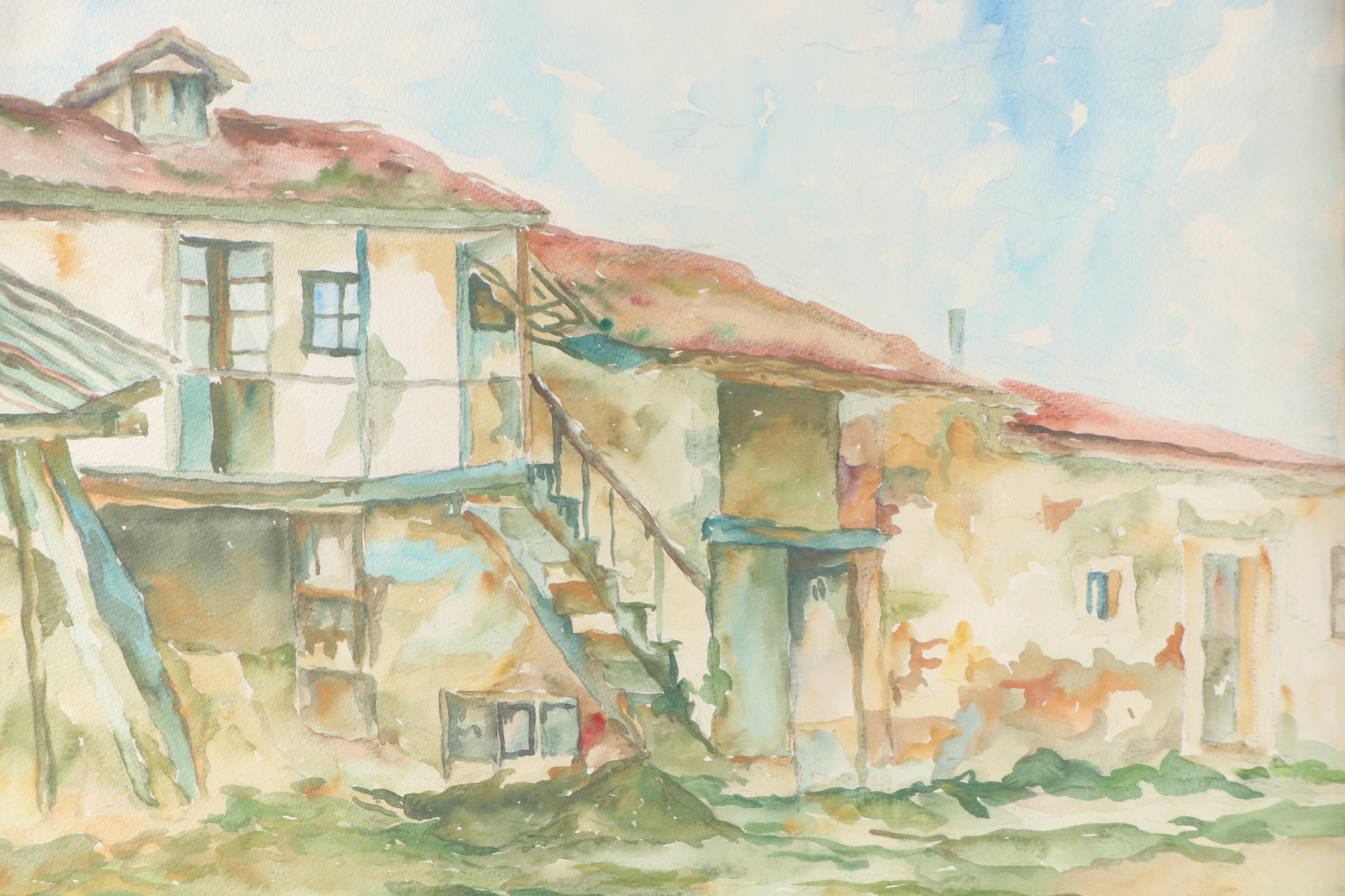 J. Babio Cityscape Plein Air Watercolor Painting of Mediterranean Homes, 1978