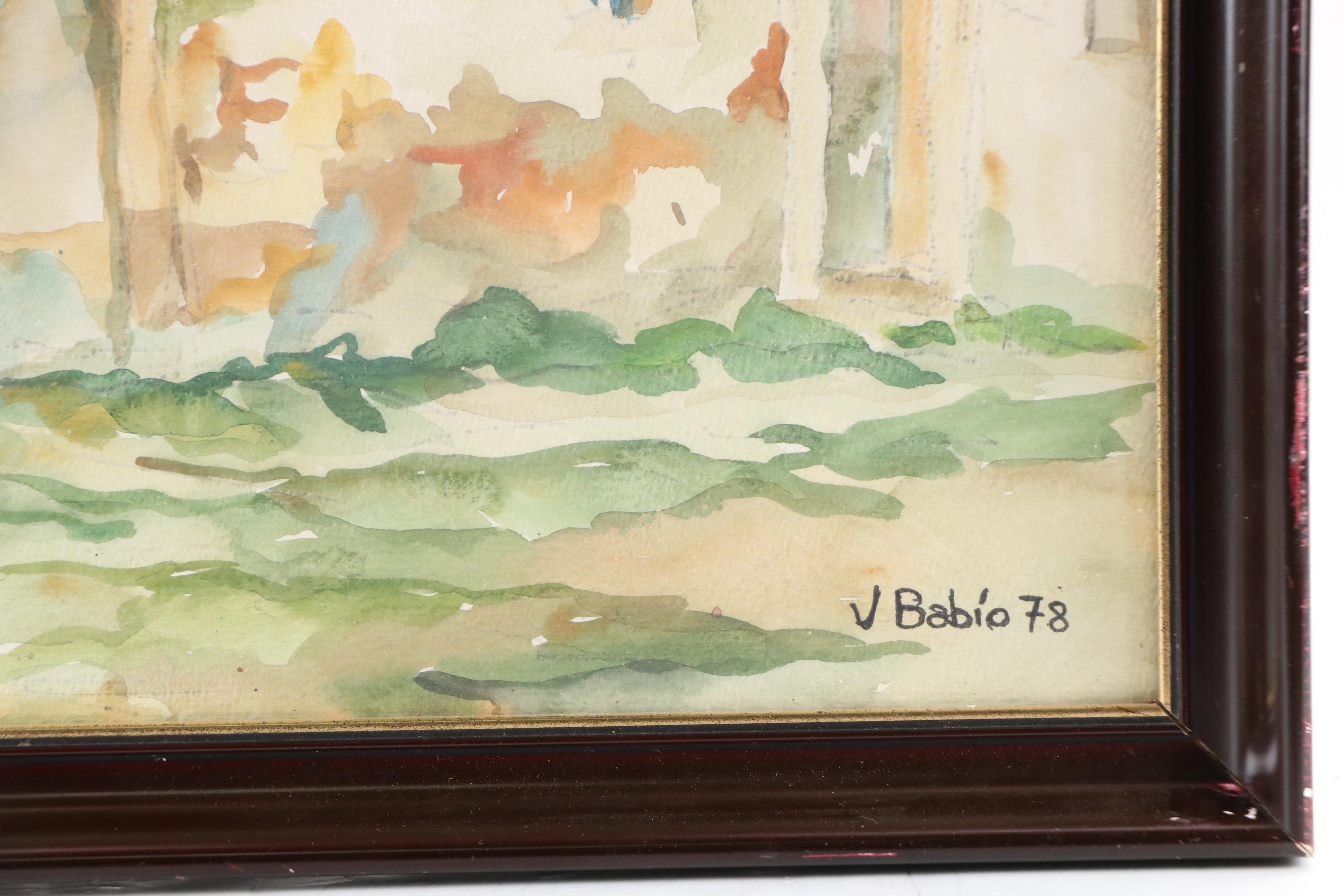 J. Babio Cityscape Plein Air Watercolor Painting of Mediterranean Homes, 1978