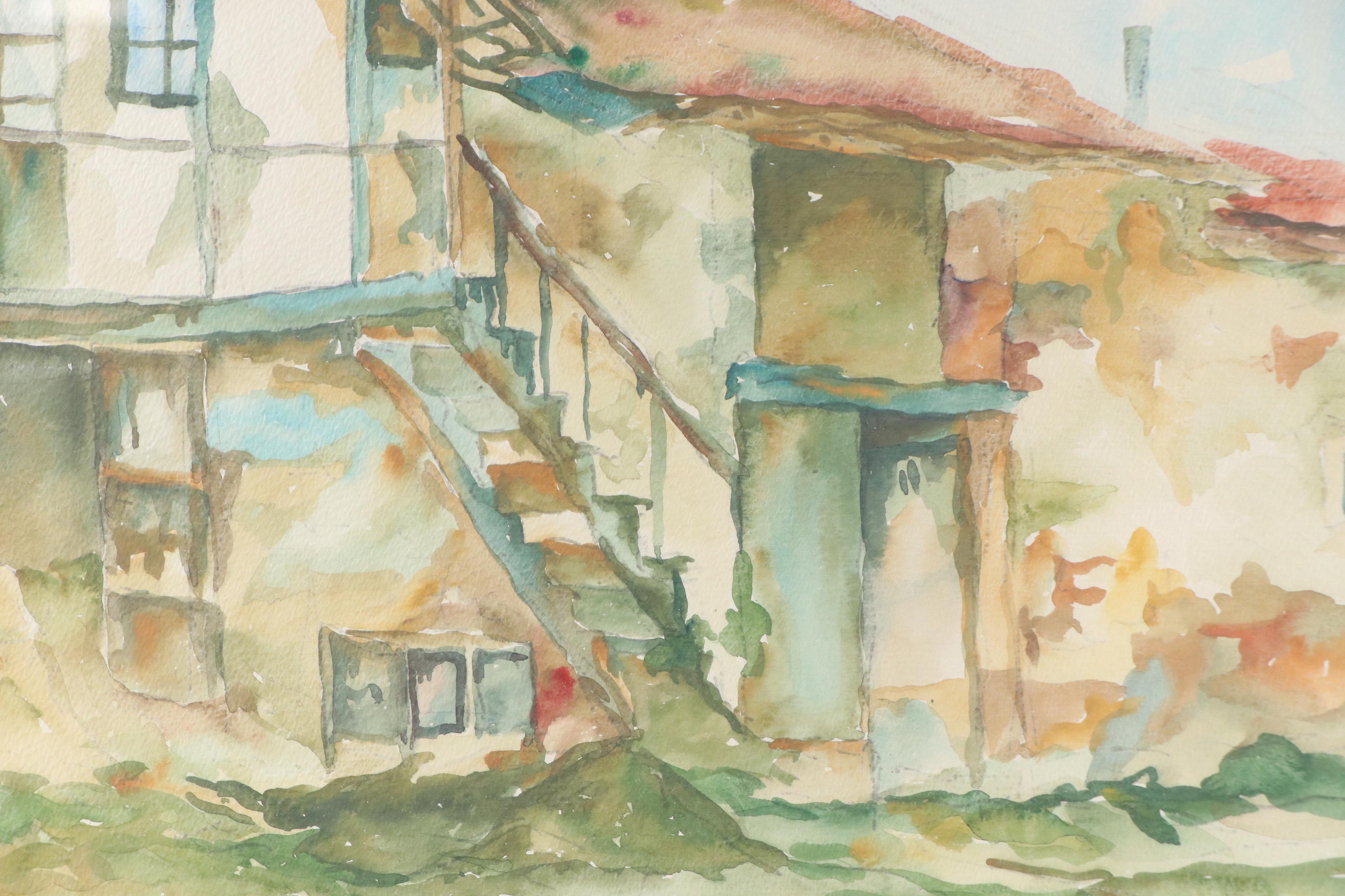 J. Babio Cityscape Plein Air Watercolor Painting of Mediterranean Homes, 1978