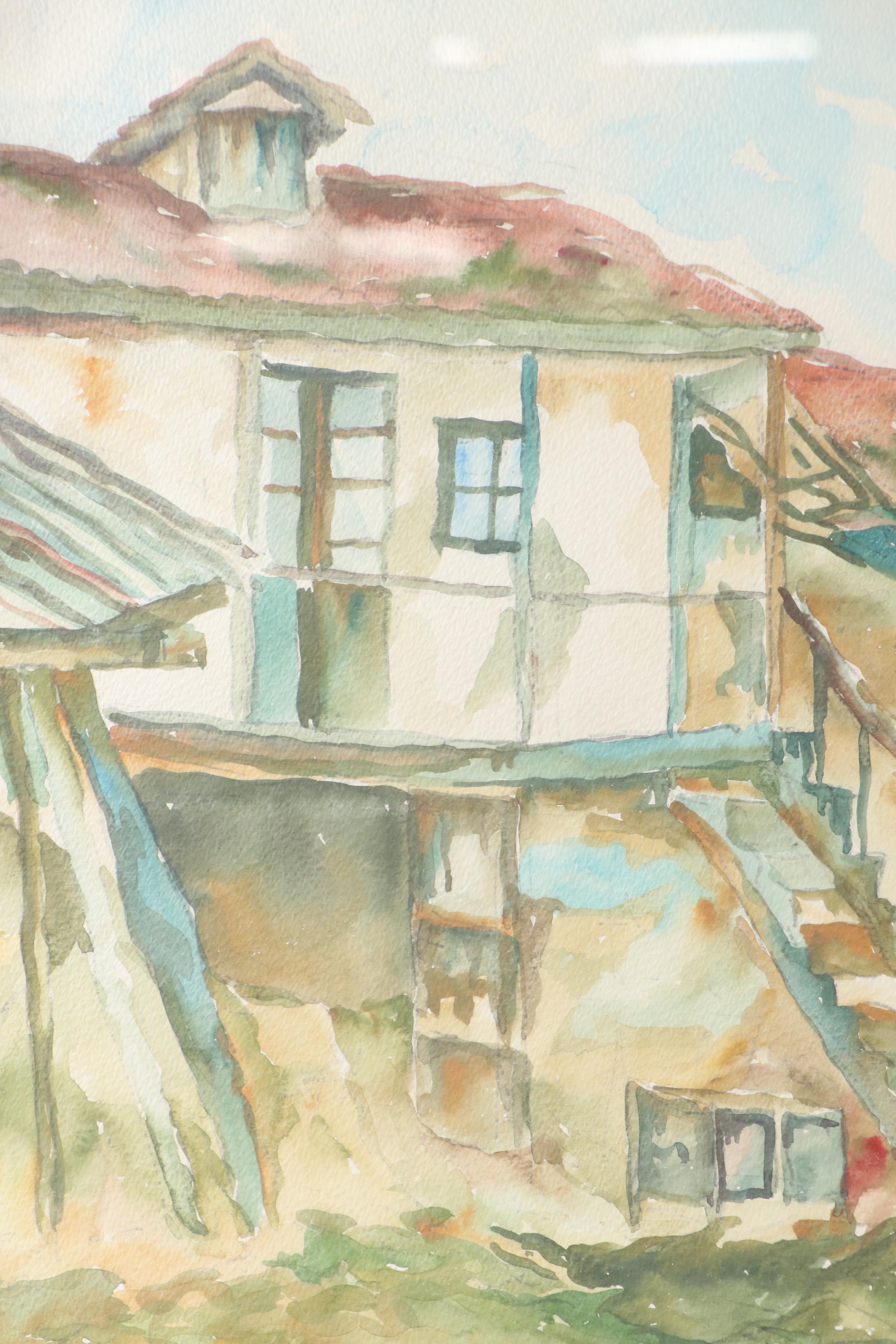 J. Babio Cityscape Plein Air Watercolor Painting of Mediterranean Homes, 1978