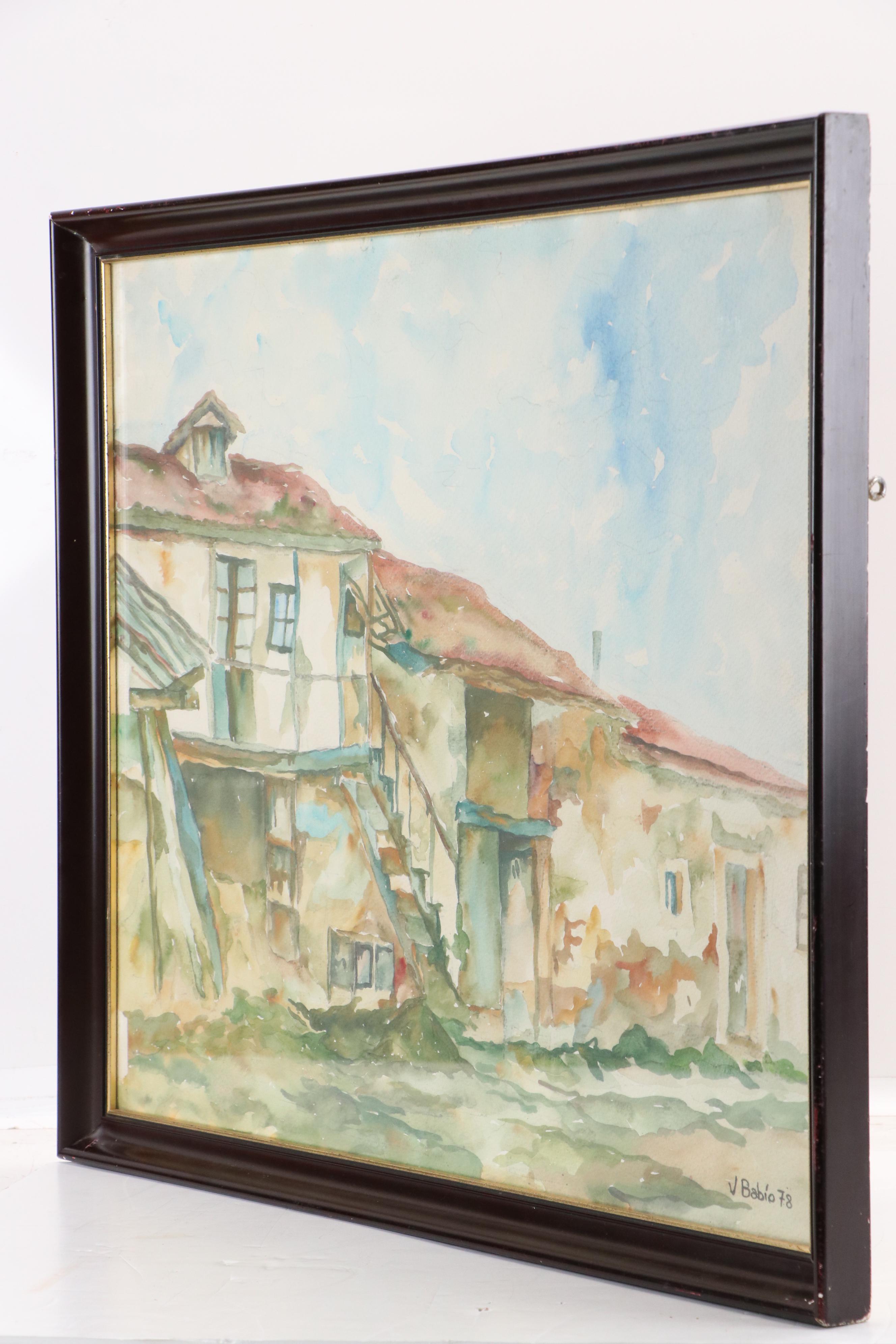 J. Babio Cityscape Plein Air Watercolor Painting of Mediterranean Homes, 1978