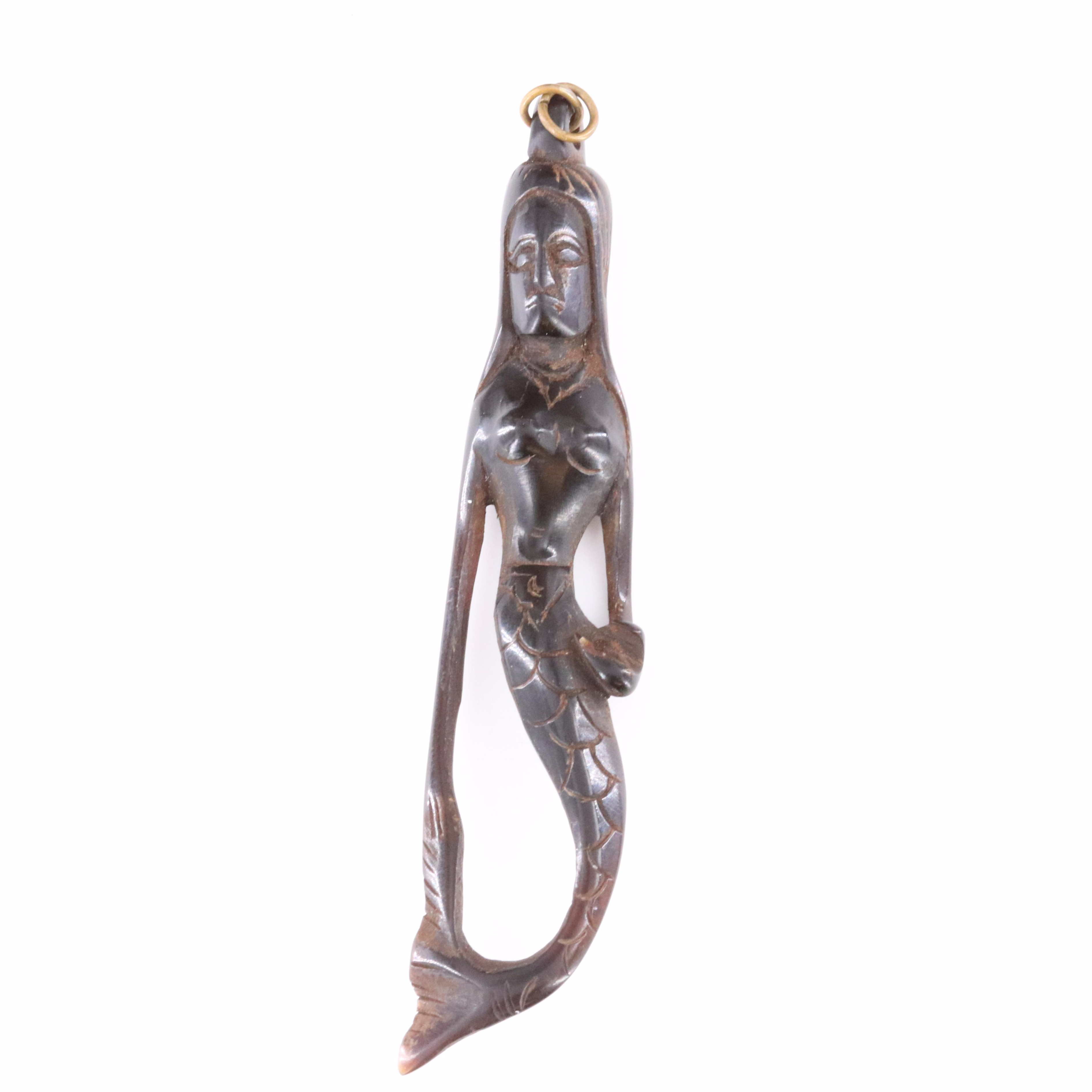 Carved Black Coral Mermaid Pendant