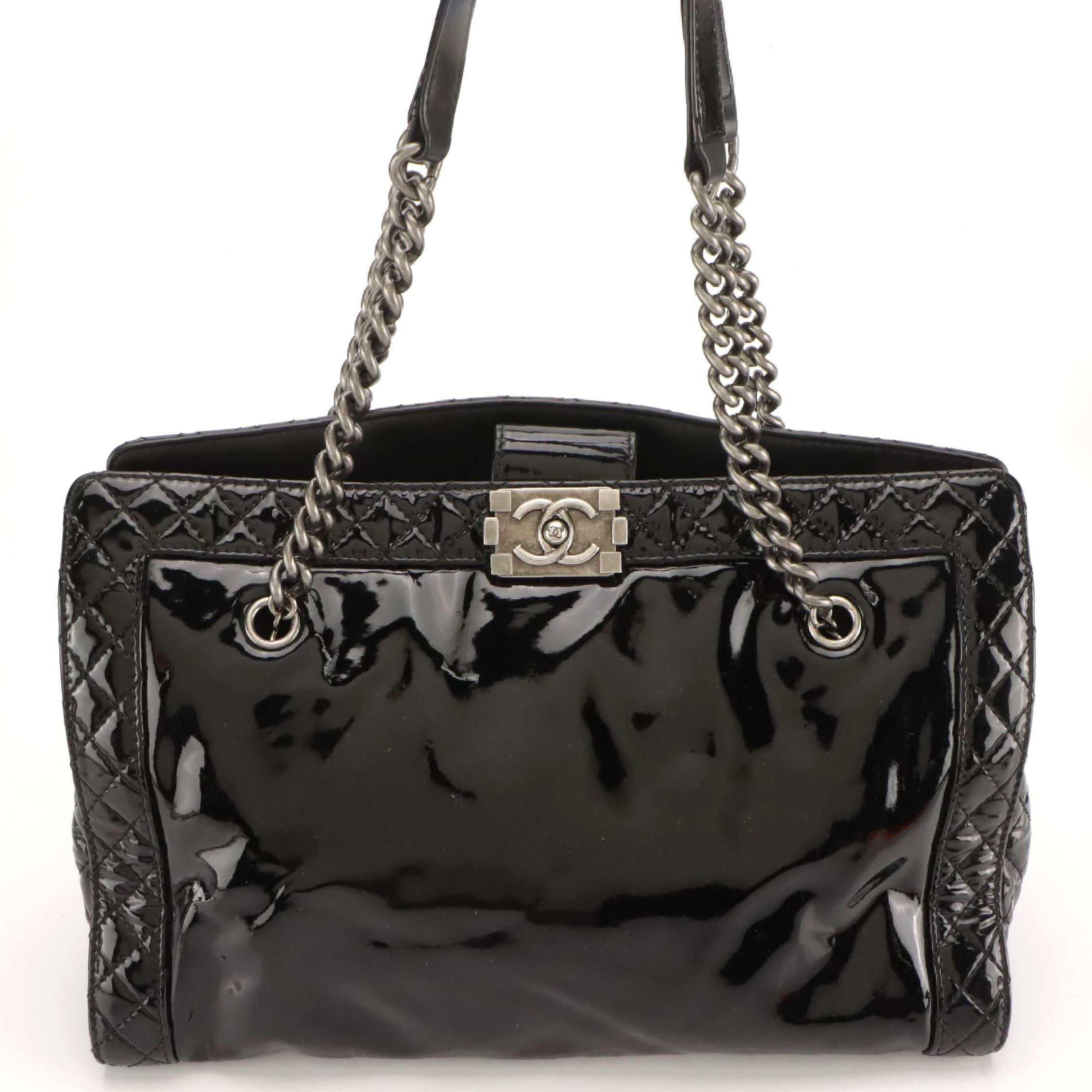 Chanel Reverso Boy Chain Tote in Black Patent Leather with Quilted Trim