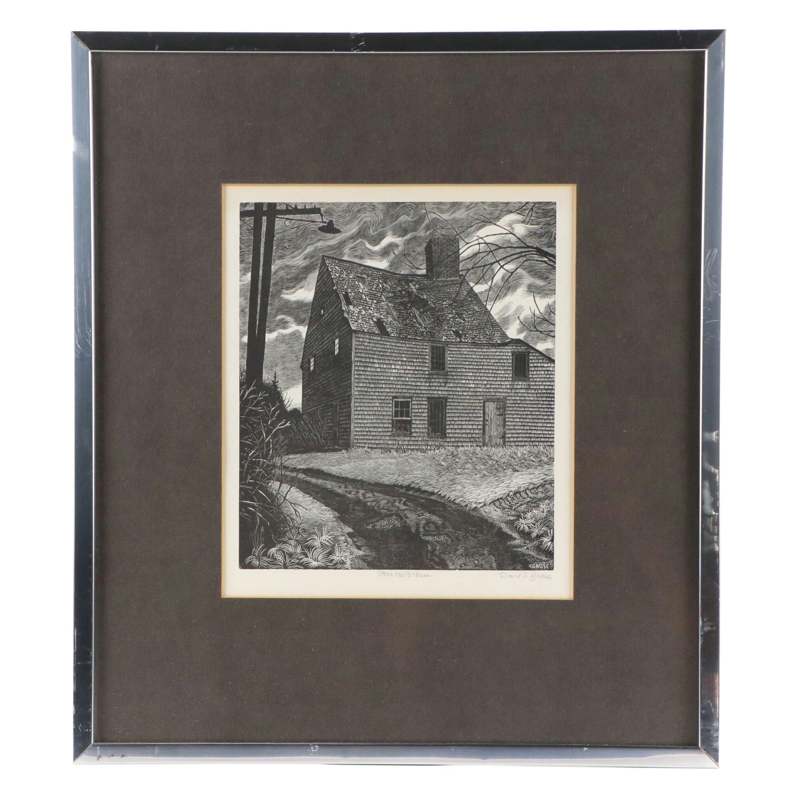 David Grose Wood Engraving "Steve Hall's House," Mid to Late 20th C.