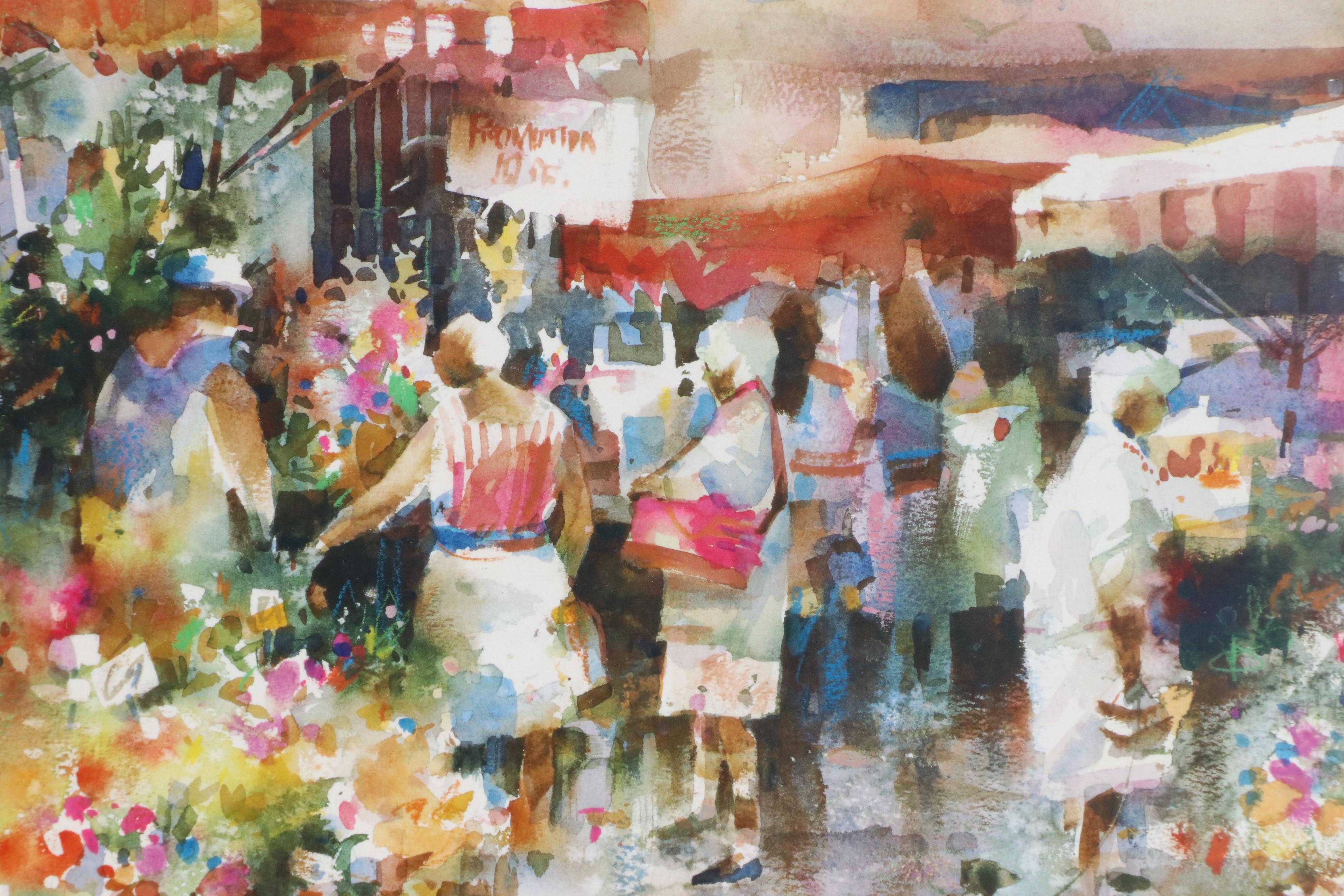 After Brent Heighton Offset Lithograph "Flower Market, France"