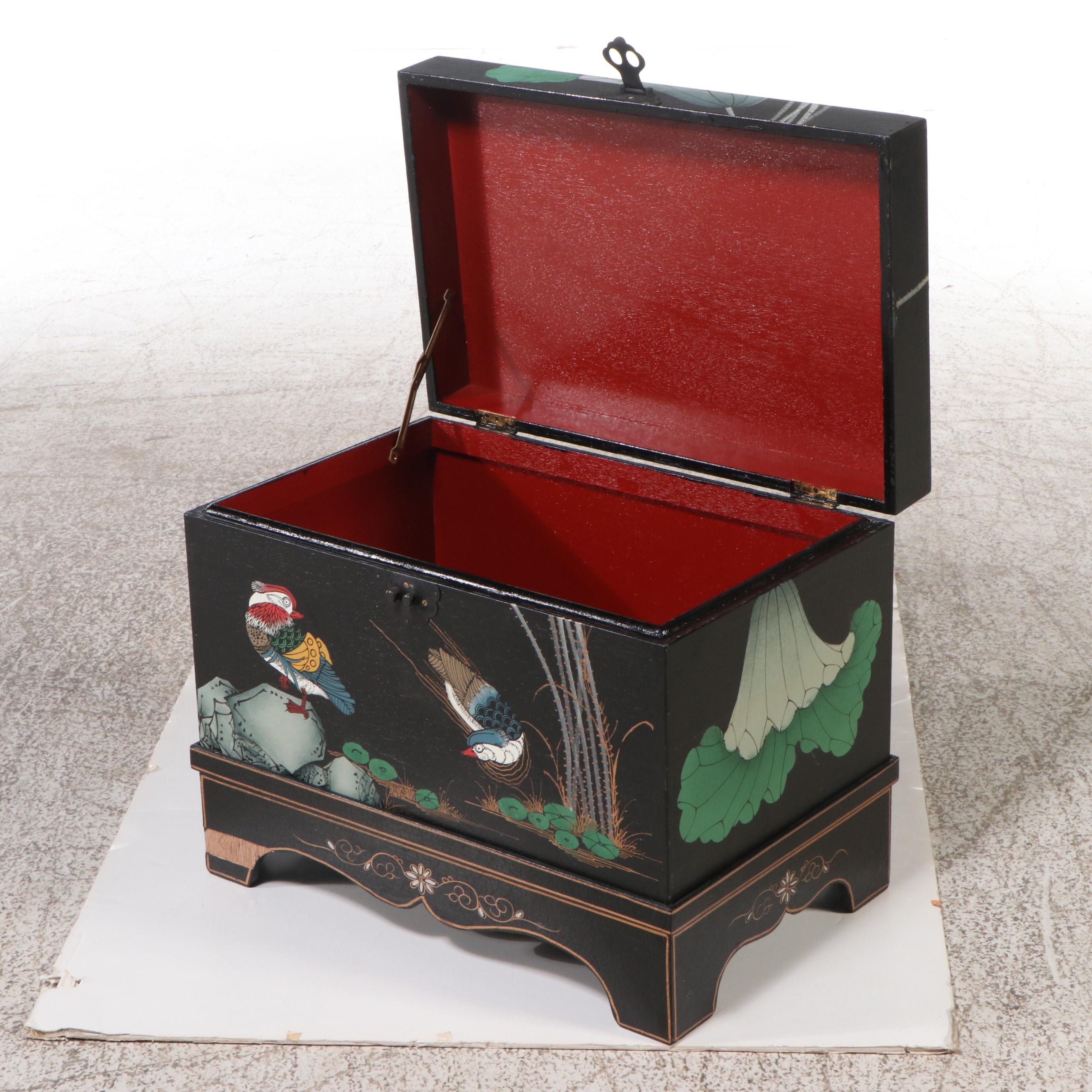 Chinese Painted and Lacquered Wood Storage Chest on Fitted Stand