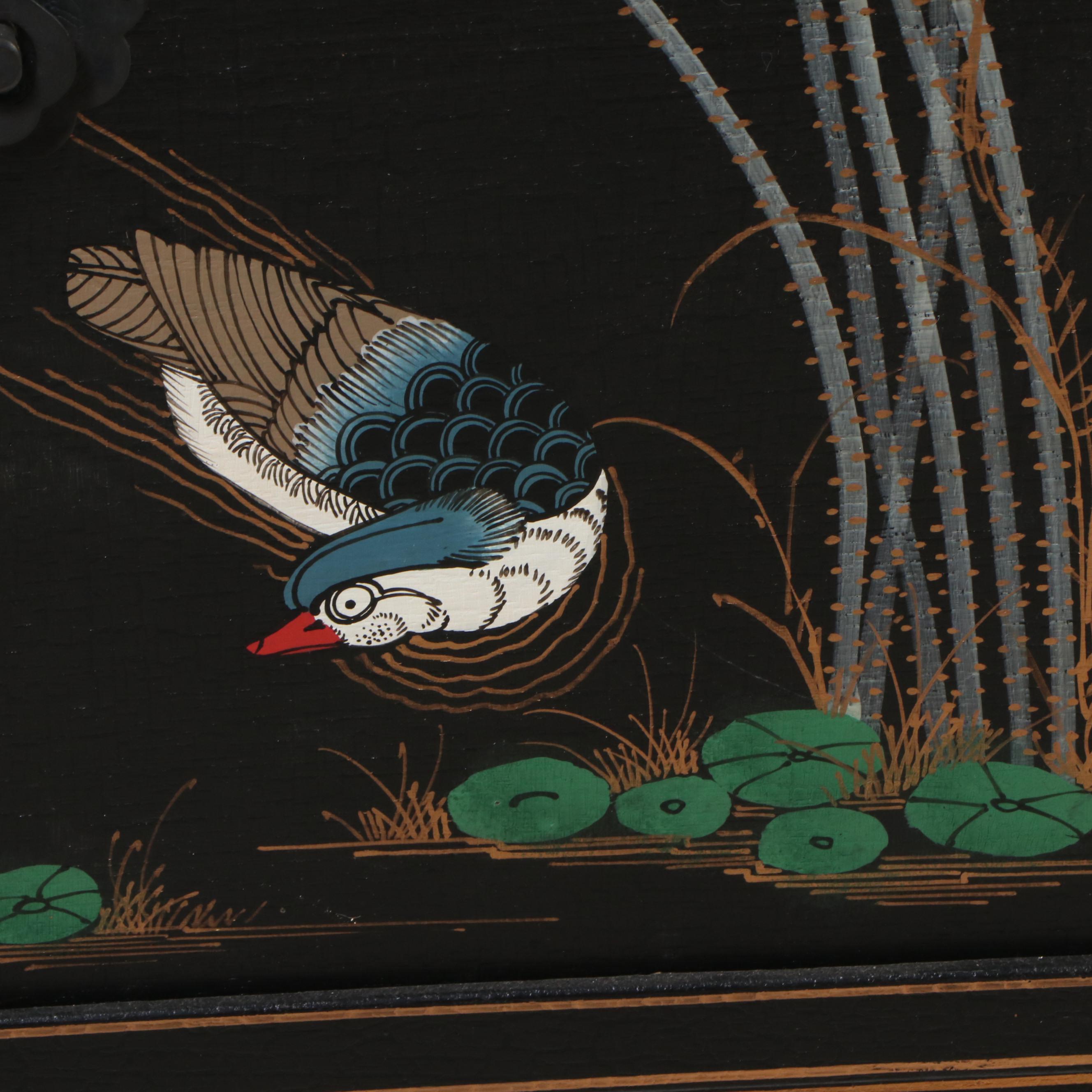 Chinese Painted and Lacquered Wood Storage Chest on Fitted Stand