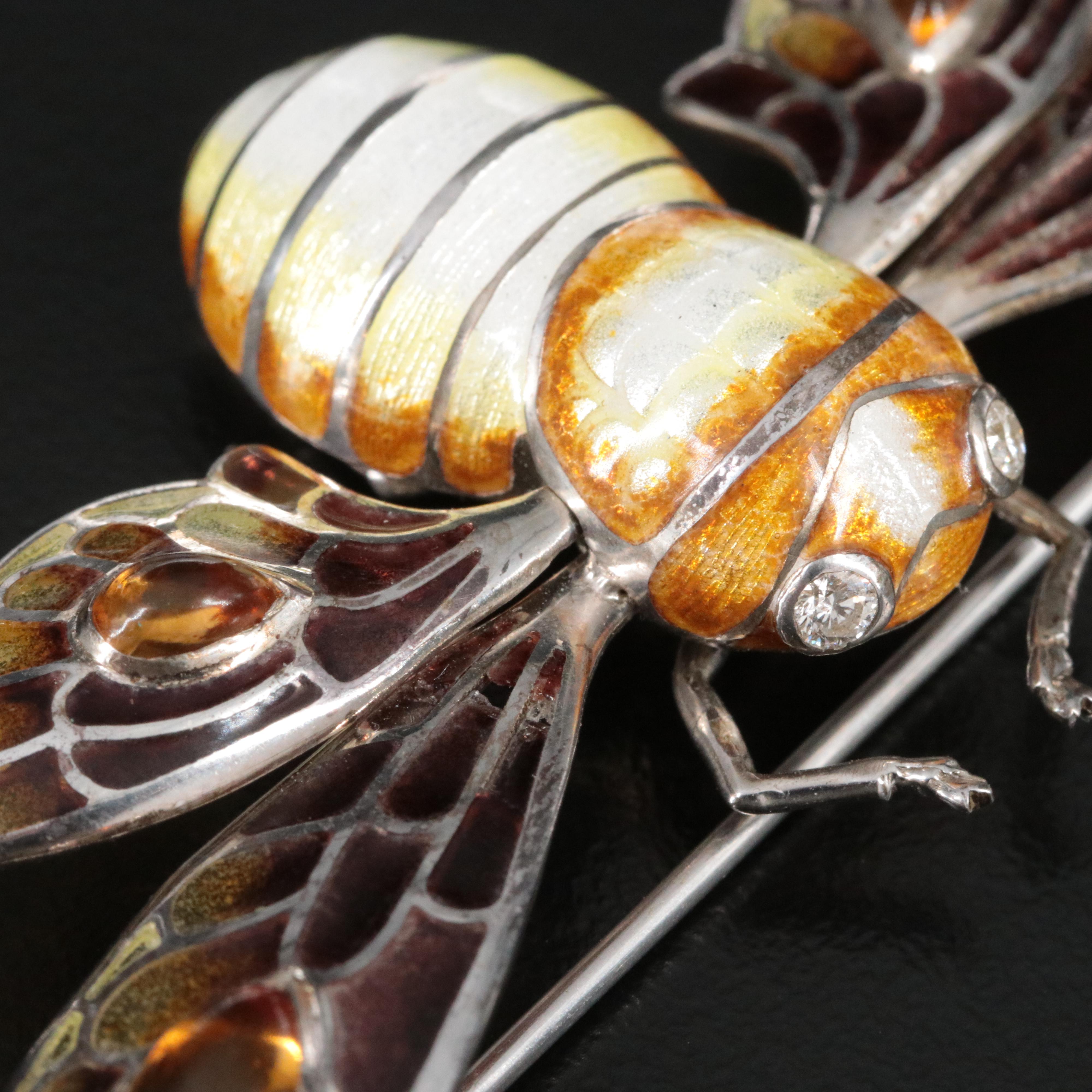 Sterling Citrine, Enamel and Diamond Honeybee Brooch
