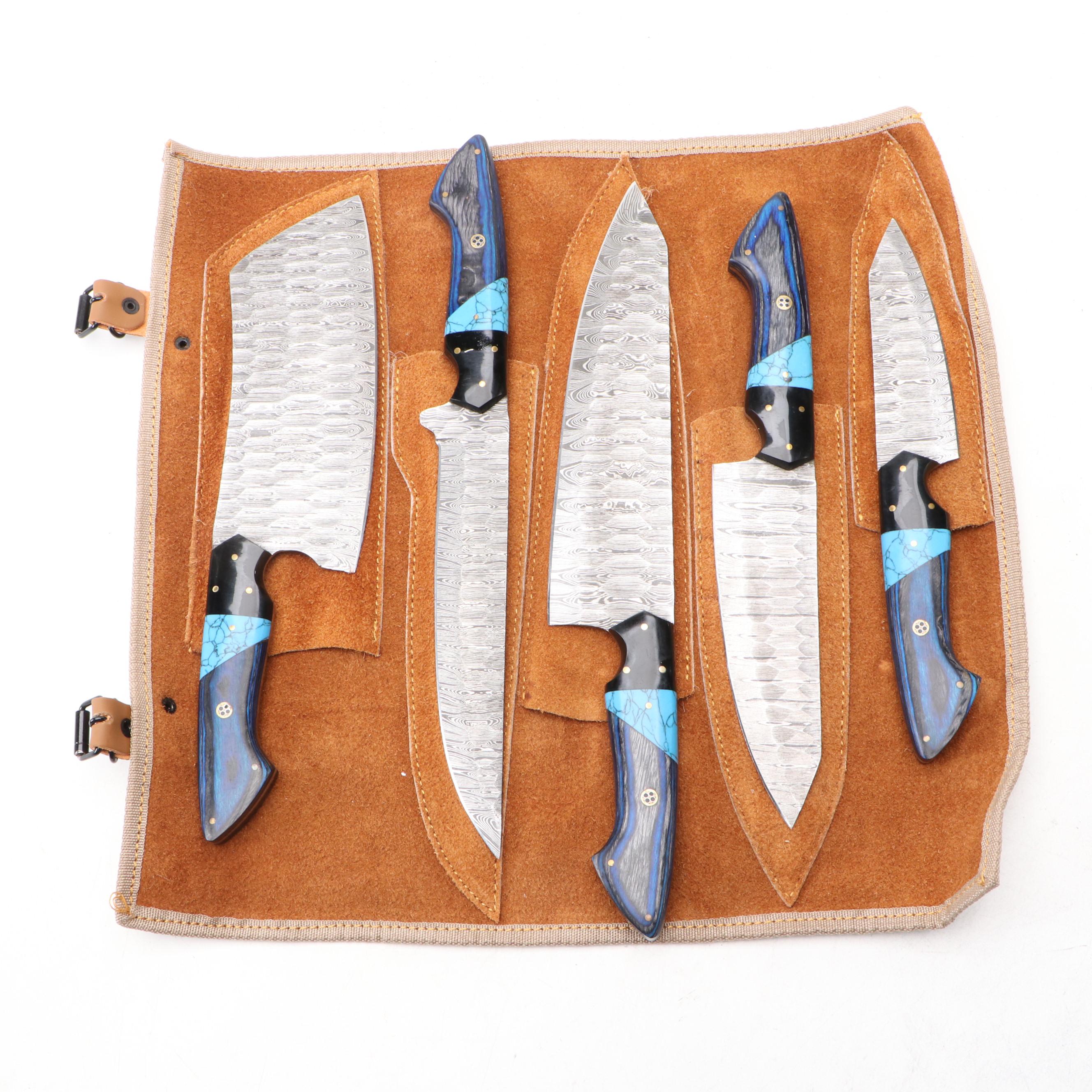 Damascus Steel and Blue Handled Chef's Knife Set in Suede Roll