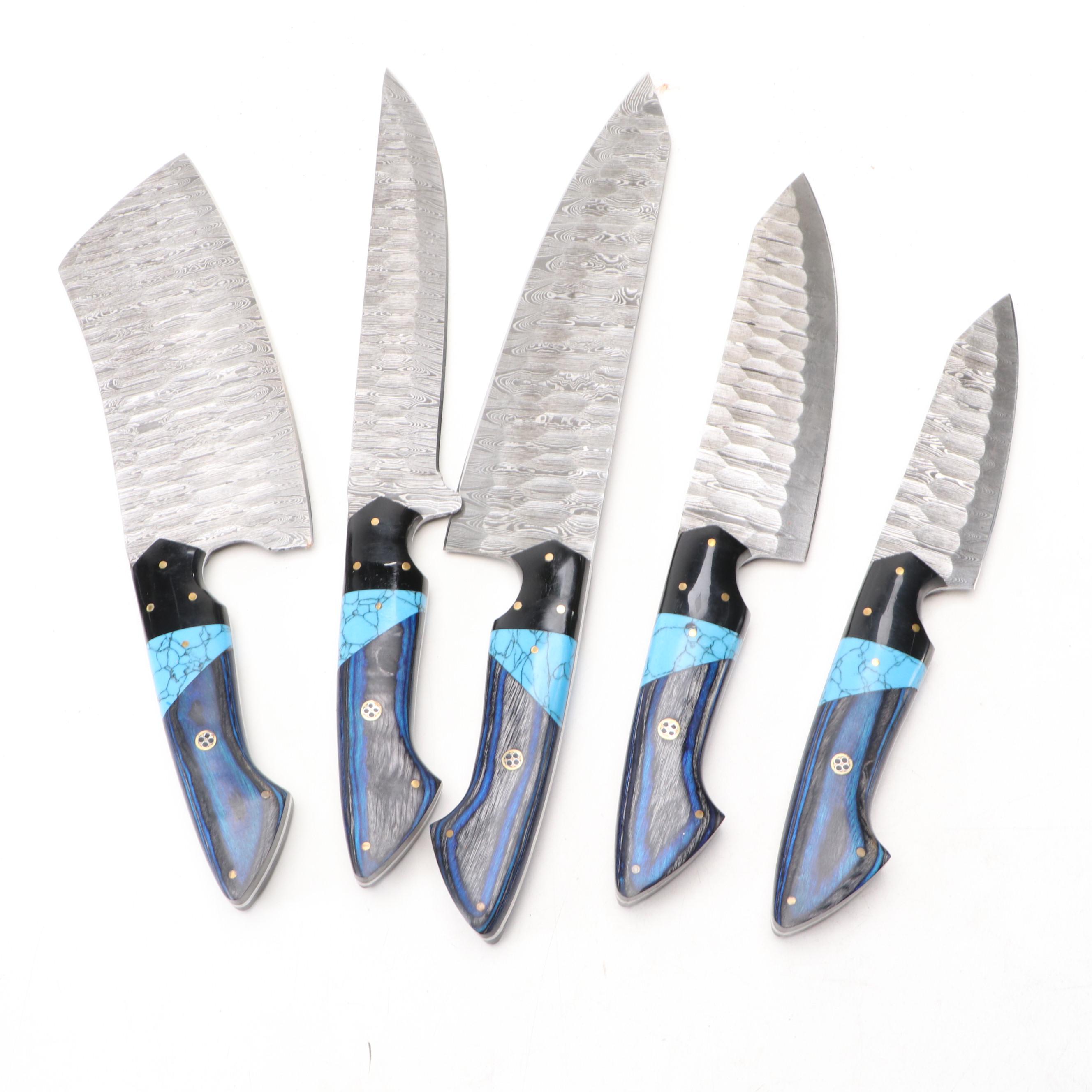 Damascus Steel and Blue Handled Chef's Knife Set in Suede Roll