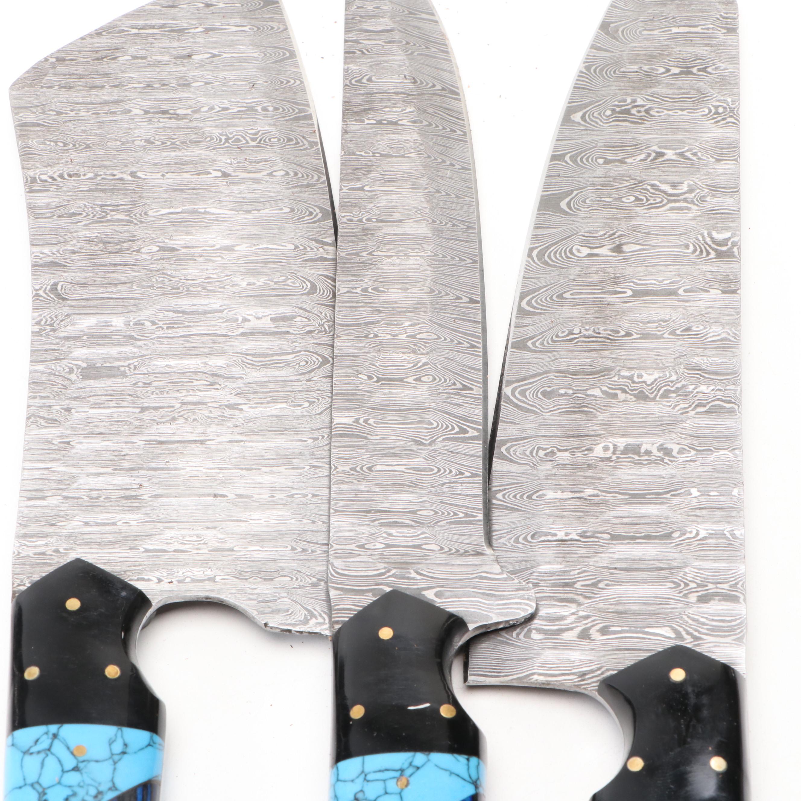 Damascus Steel and Blue Handled Chef's Knife Set in Suede Roll
