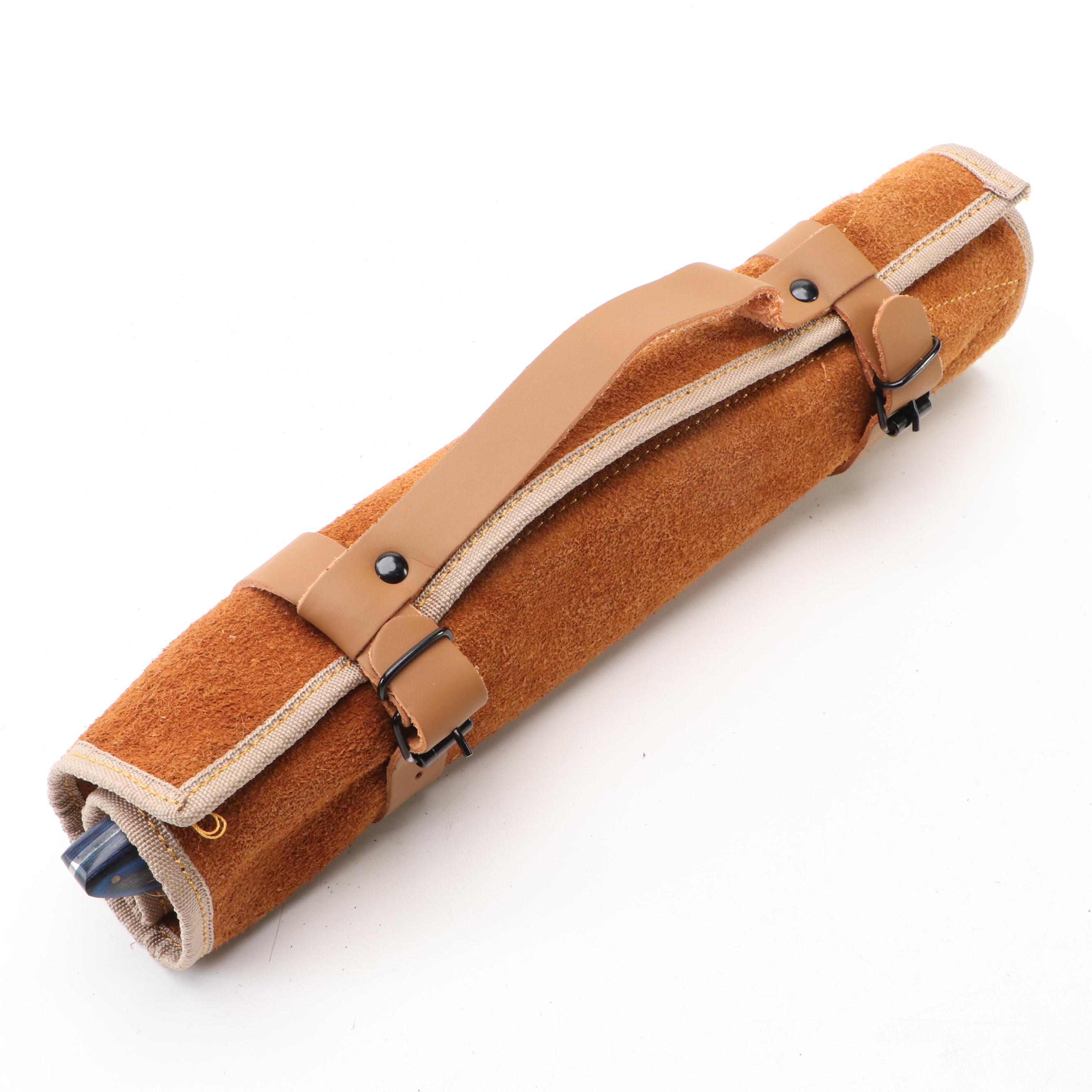 Damascus Steel and Blue Handled Chef's Knife Set in Suede Roll