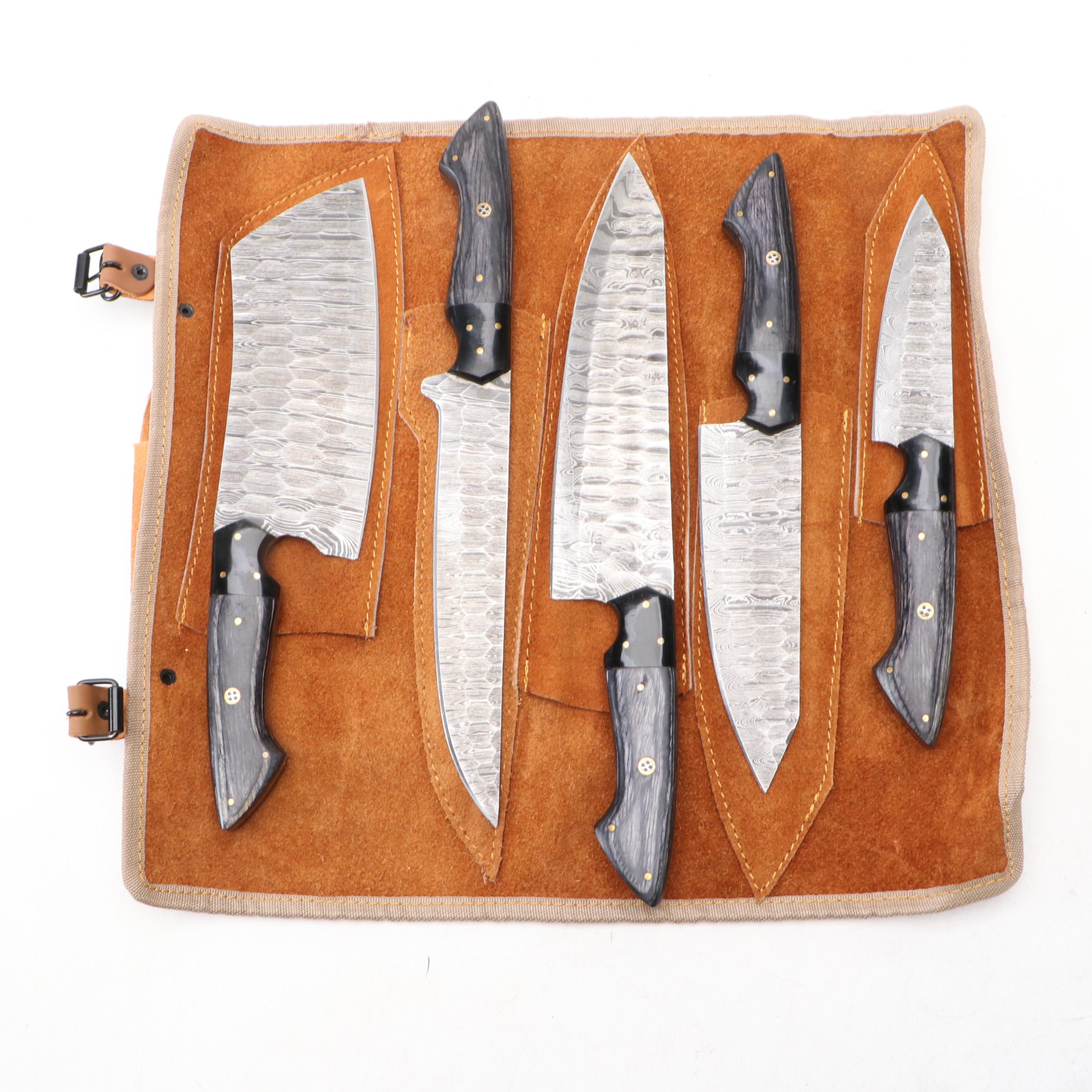 Damascus Steel and Black Handled Chef's Knife Set in Suede Leather Roll