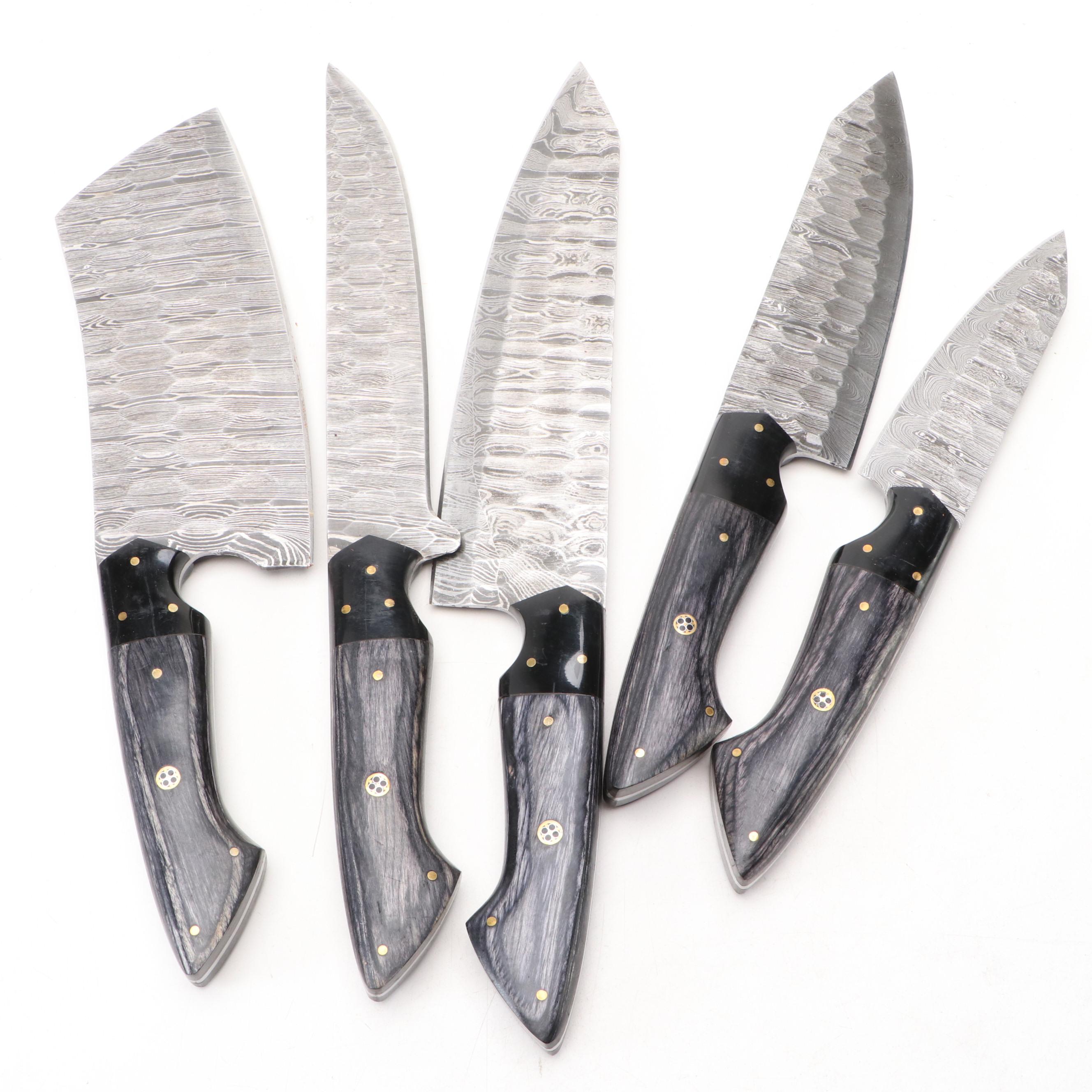 Damascus Steel and Black Handled Chef's Knife Set in Suede Leather Roll