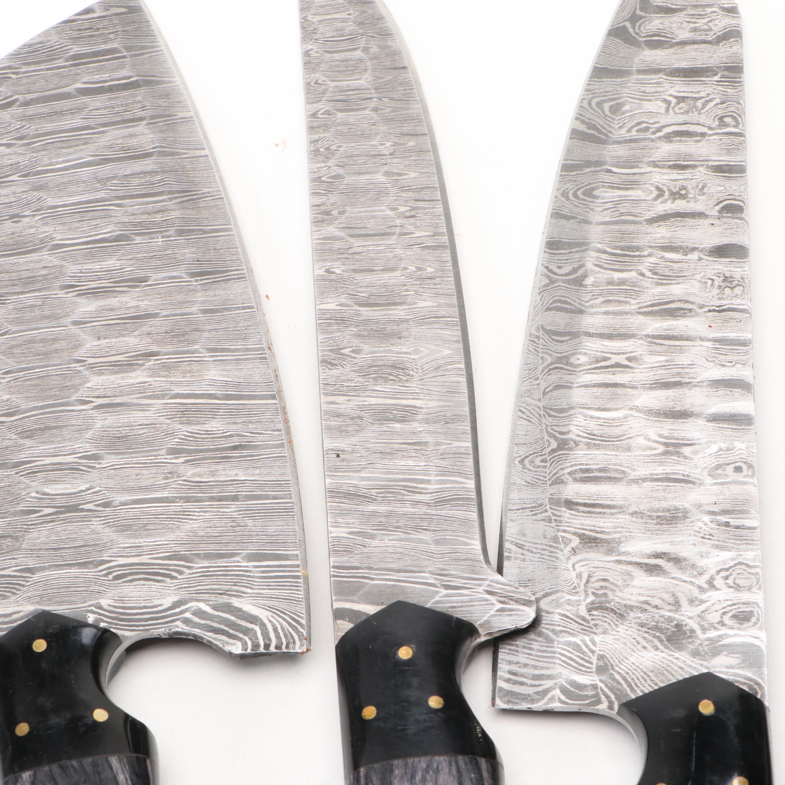 Damascus Steel and Black Handled Chef's Knife Set in Suede Leather Roll