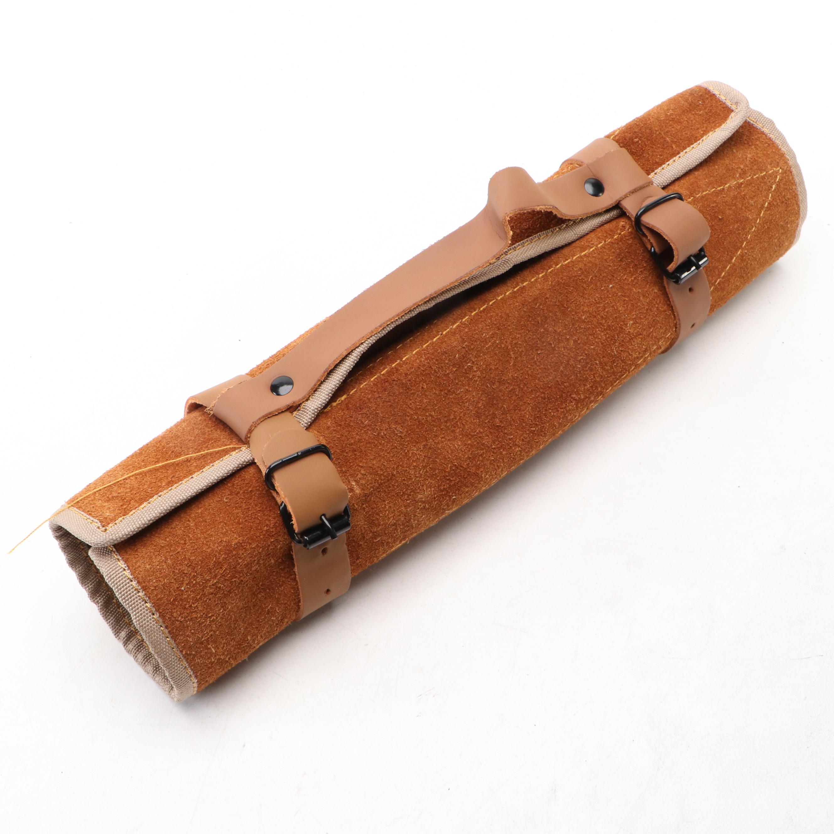 Damascus Steel and Black Handled Chef's Knife Set in Suede Leather Roll